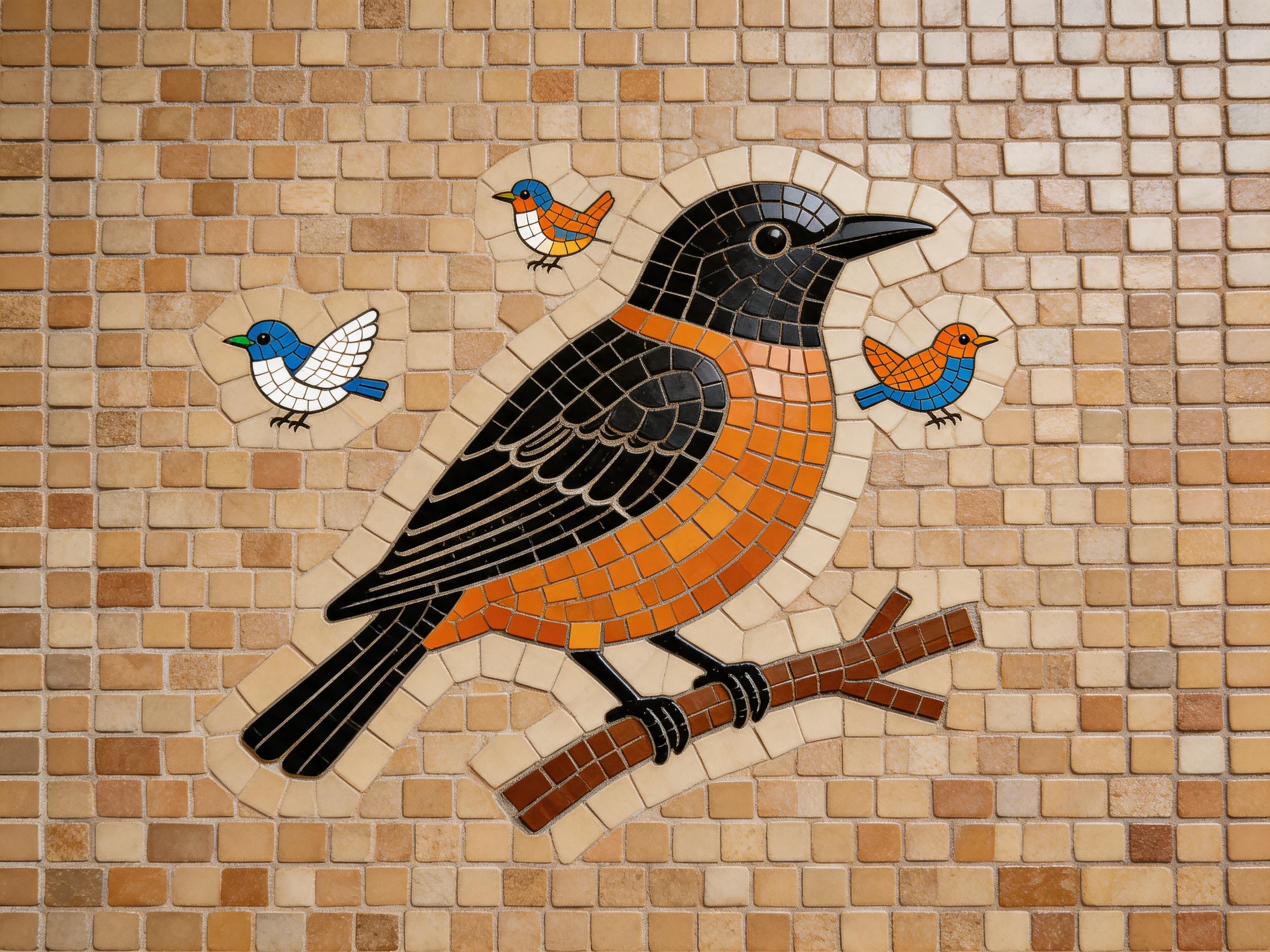 A vibrant mosaic features four colorful birds on a tiled wall