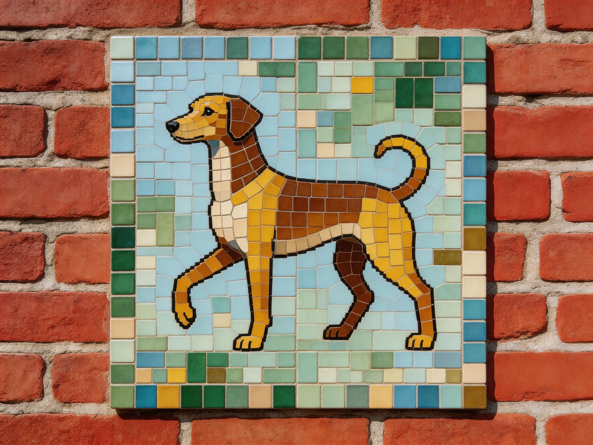 A vibrant mosaic tile artwork of a brown and yellow dog on a brick wall