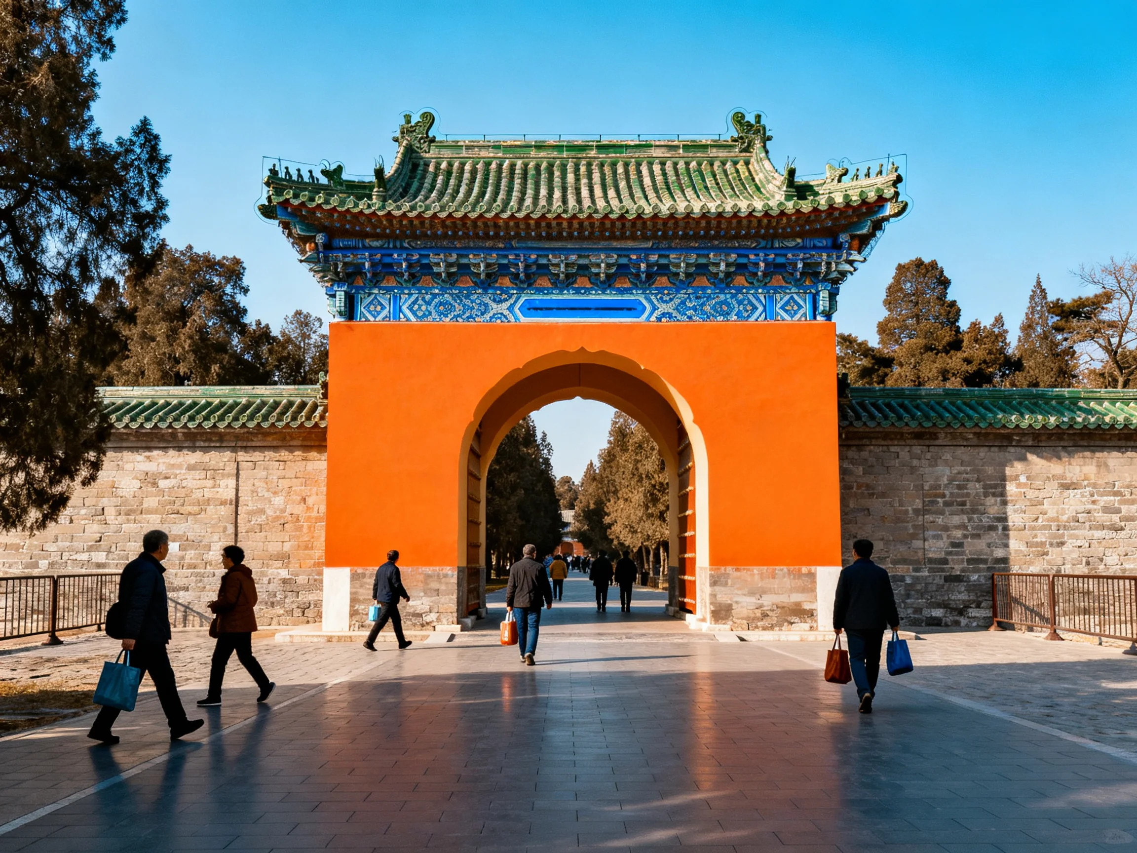 A vibrant orange ancient gateway with green-tiled ornate roof