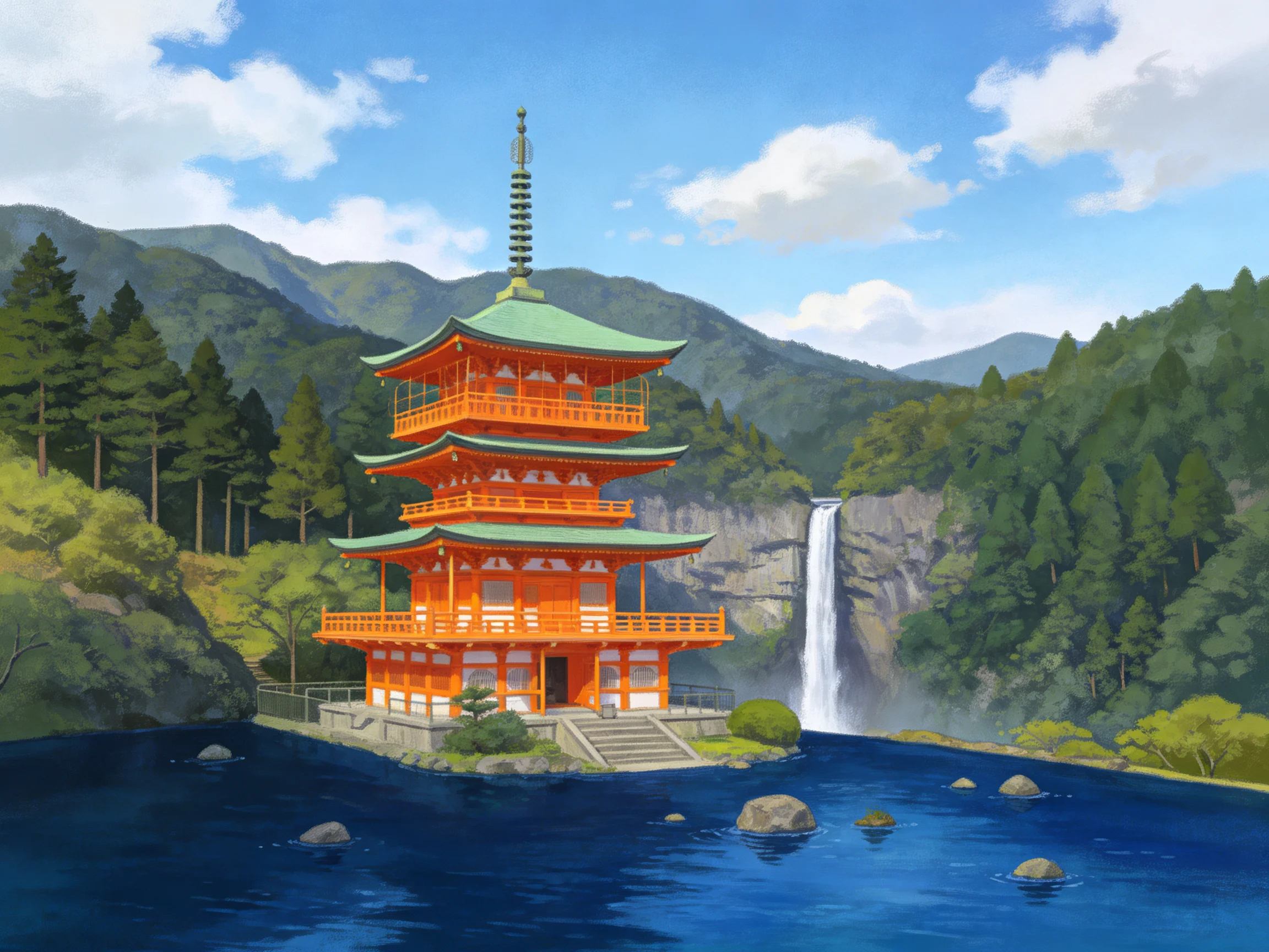 A vibrant orange pagoda near a waterfall by calm waters