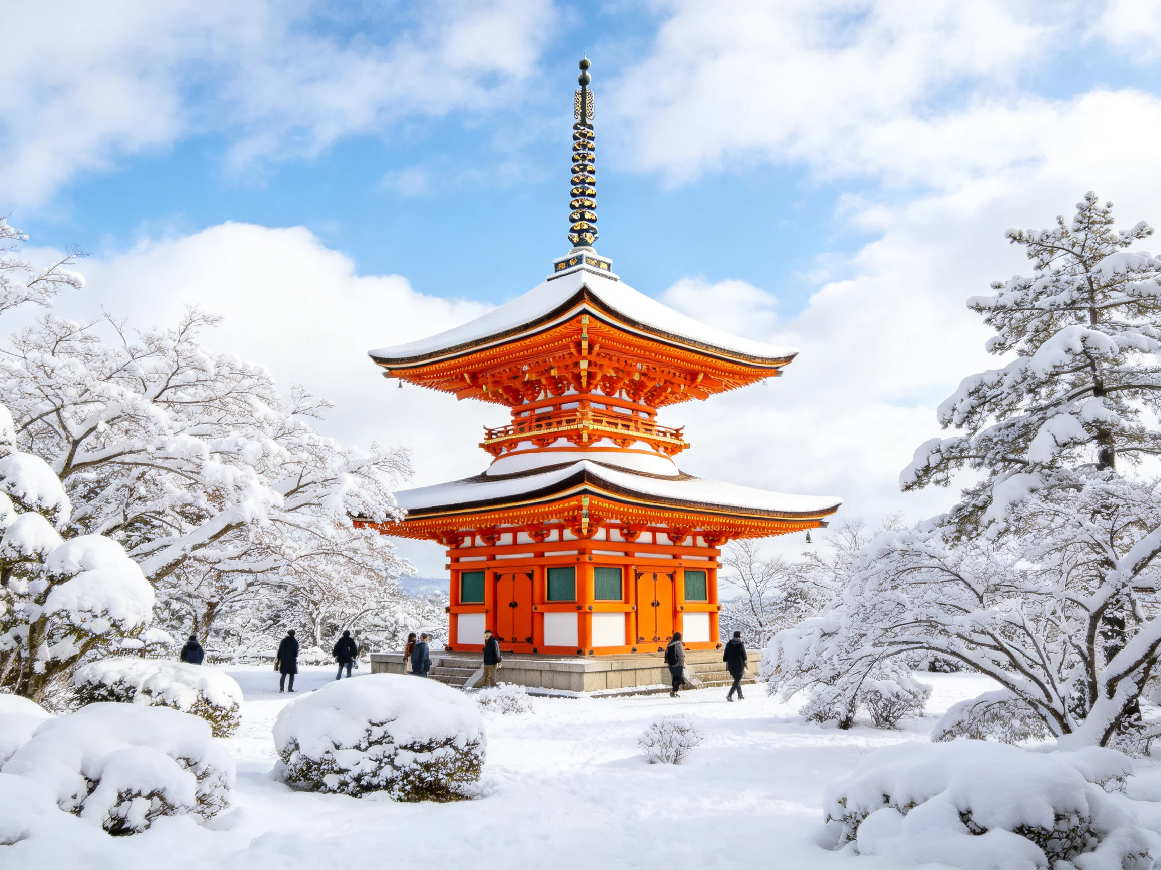 A vibrant orange pagoda stands amidst snow-laden trees under a bright sky