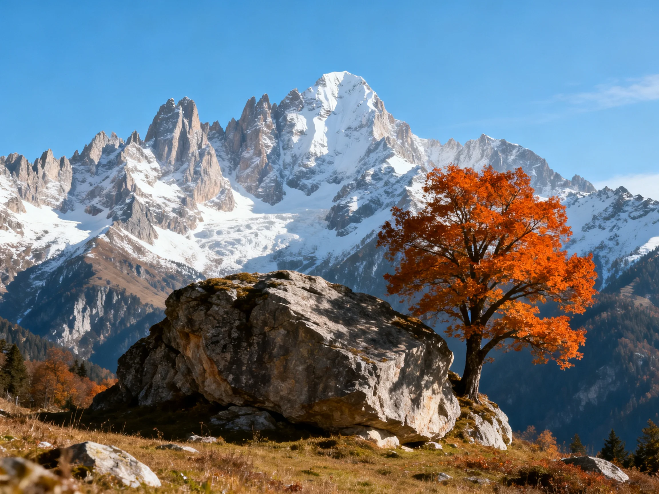 A vibrant orange tree beside a massive boulder near snow-capped peaks
