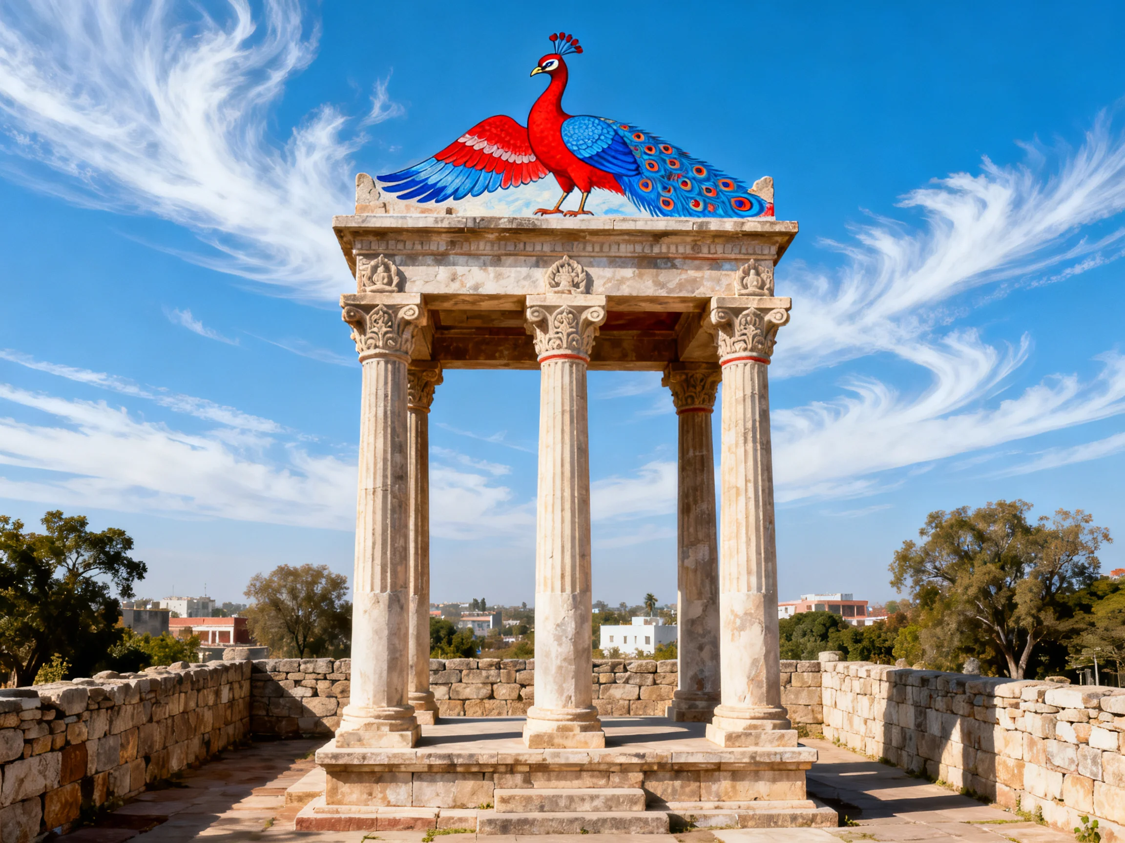 A vibrant peacock statue atop ancient stone columns under clear blue sky