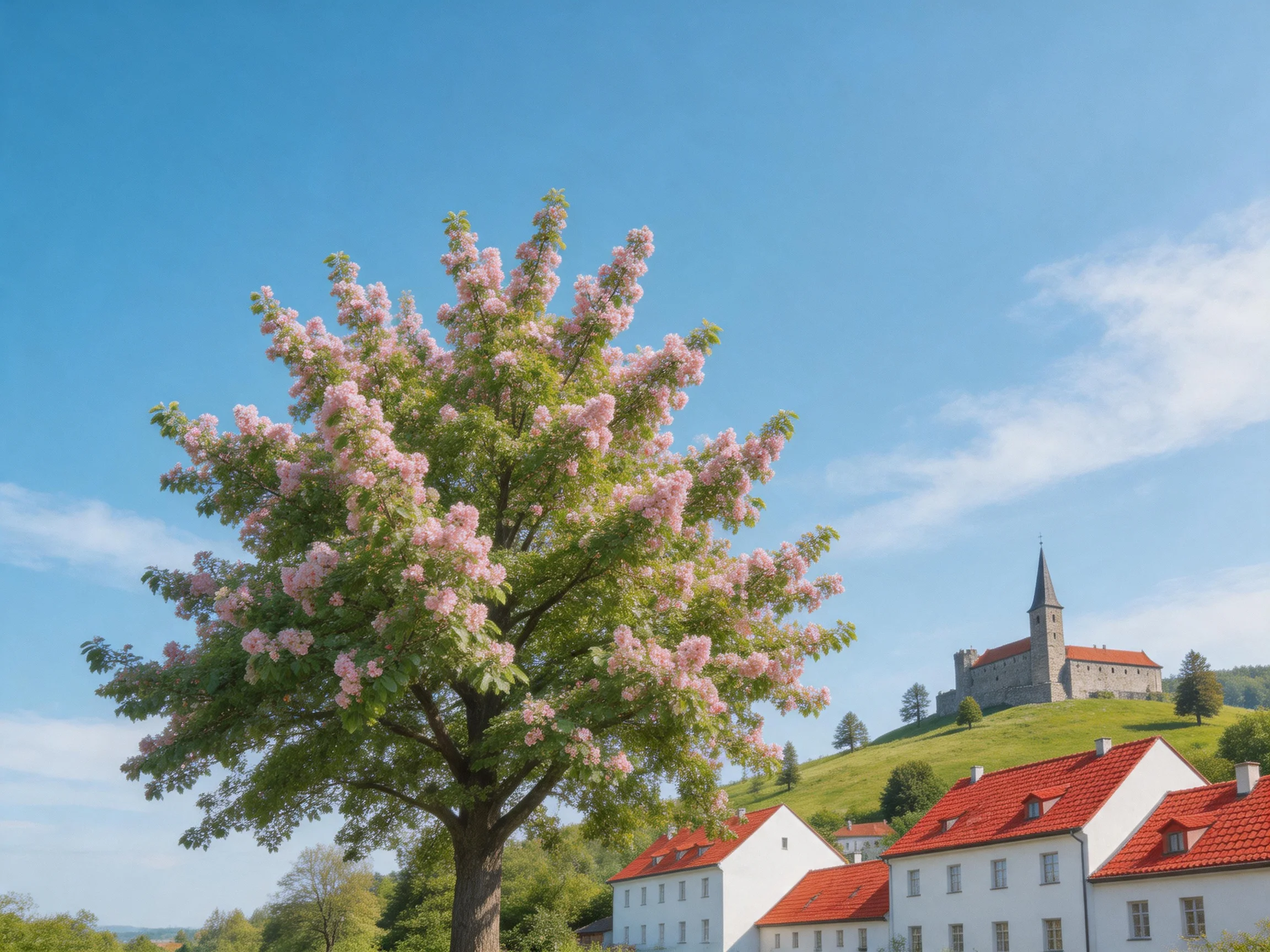 A vibrant pink-flowered tree near white cottages and a hilltop stone fortress