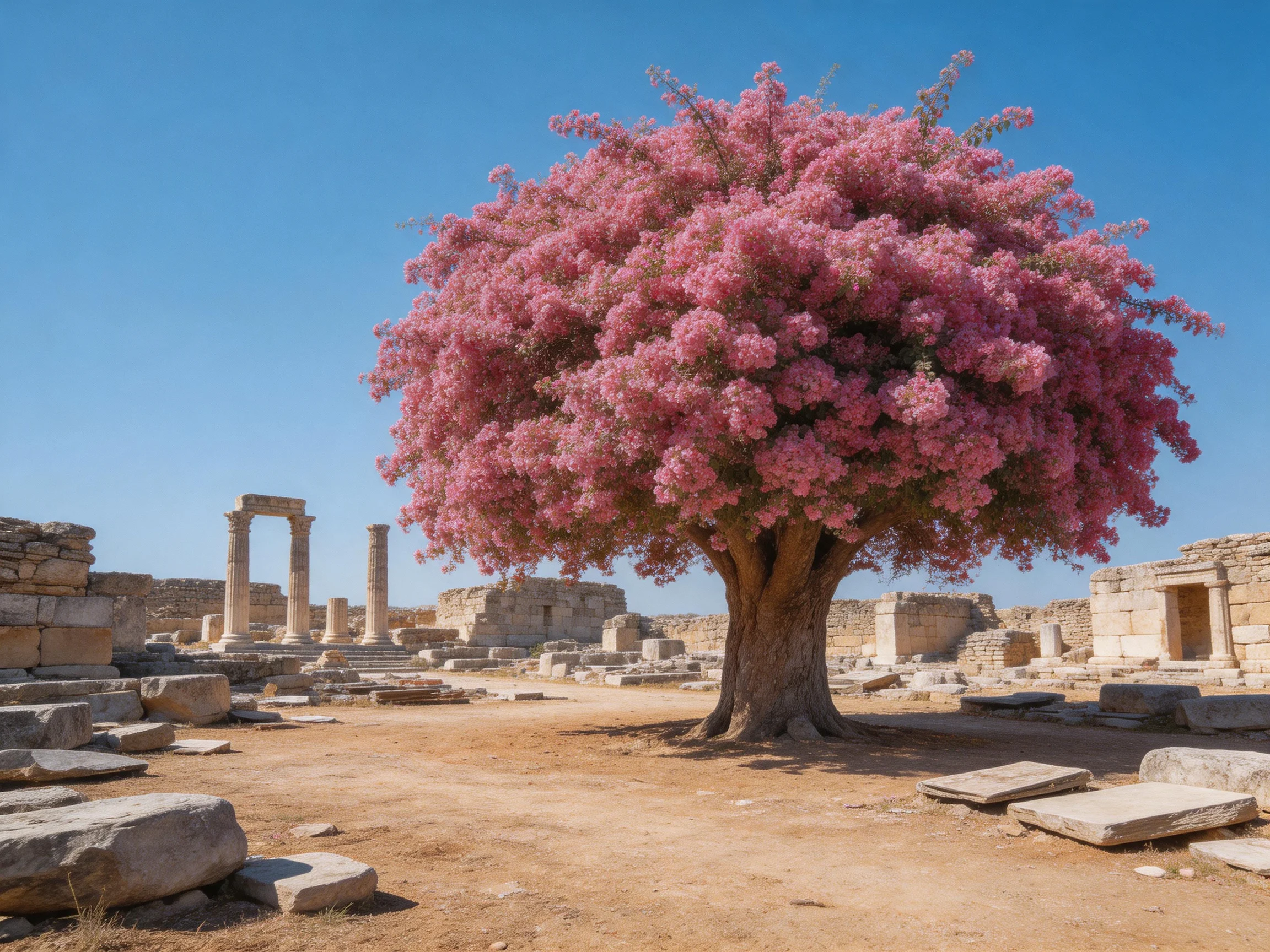 A vibrant pink-flowering tree amid ancient stone ruins