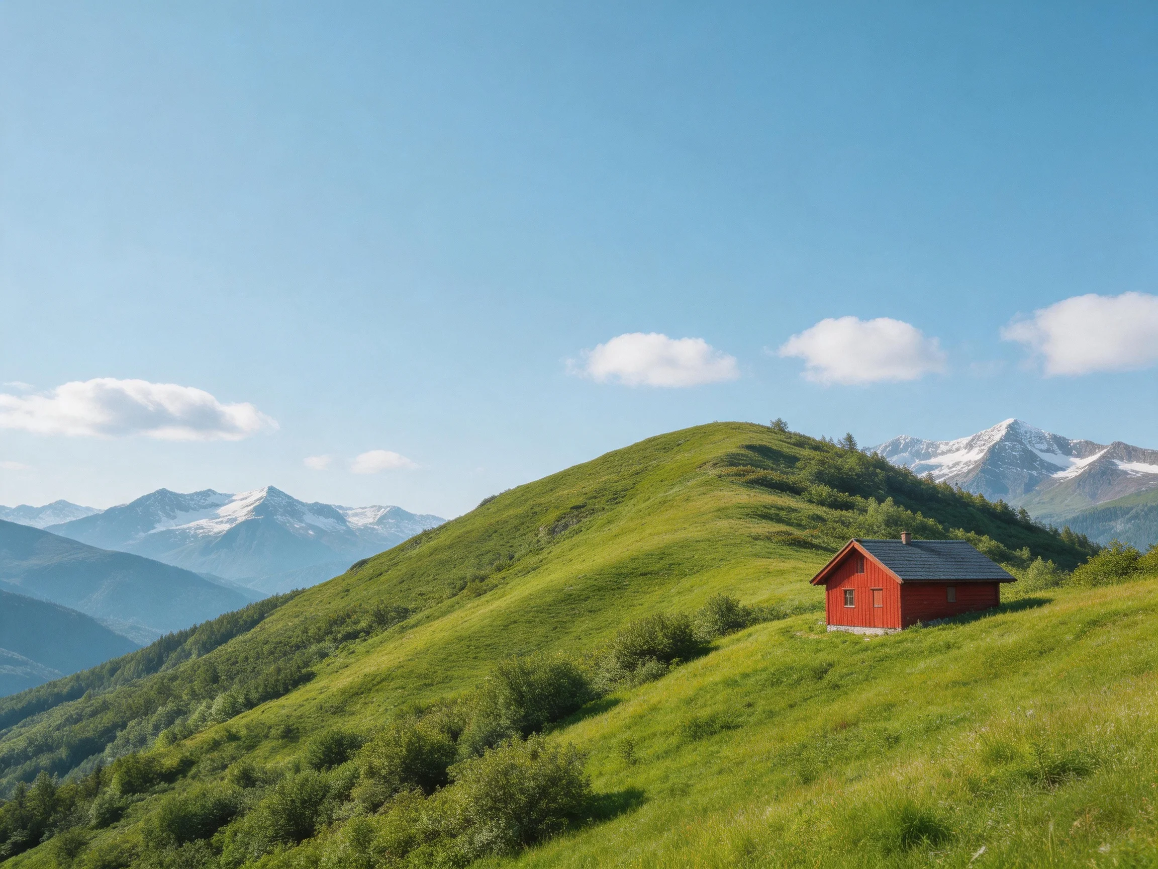 A vibrant red cabin atop lush green hills near snow-capped mountains