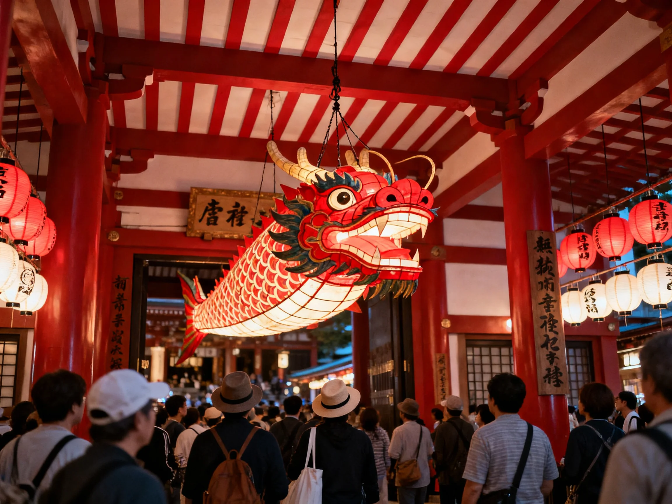 A vibrant red dragon lantern suspended among red pillars and lanterns
