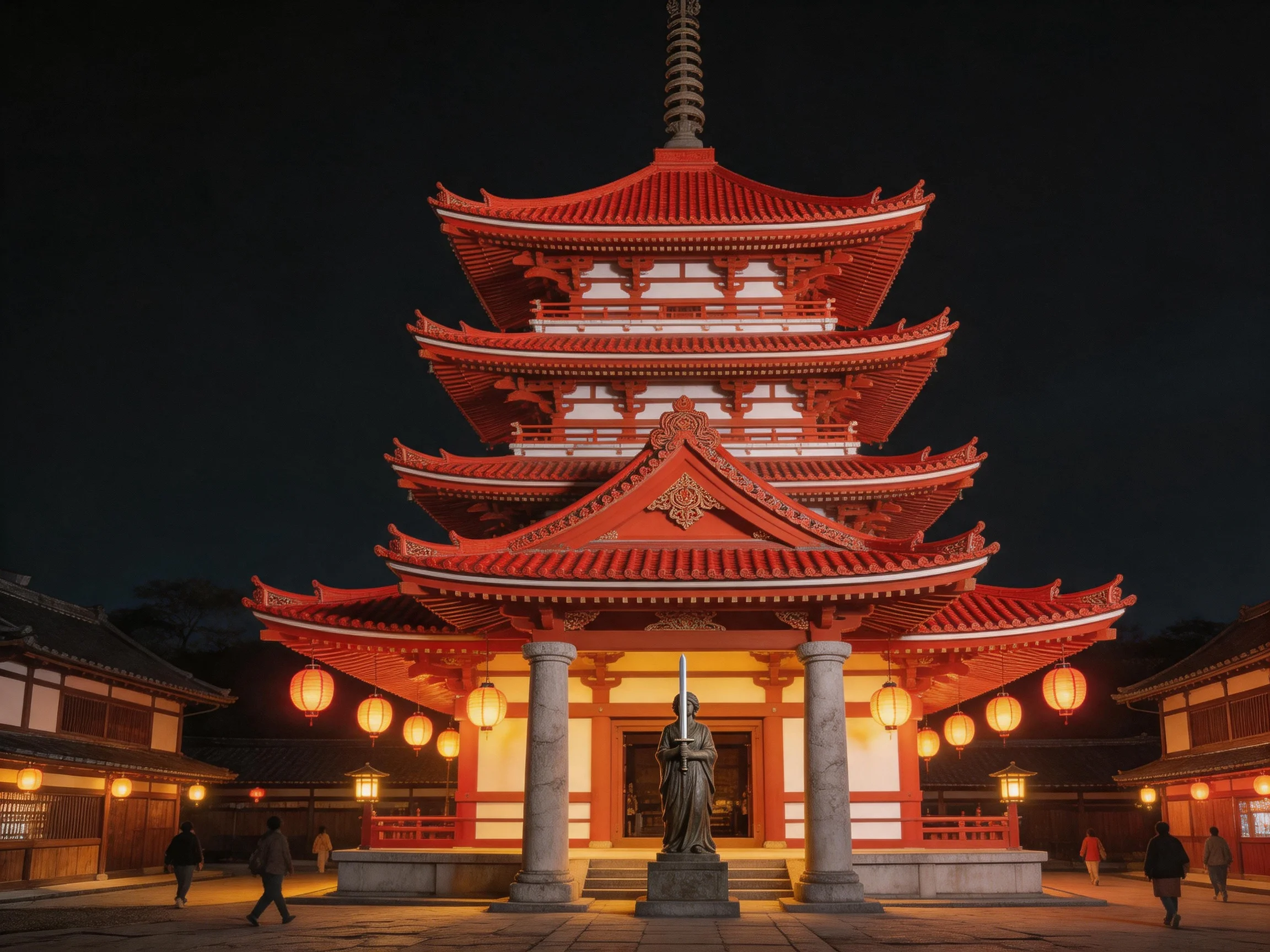 A vibrant red five - story pagoda illuminated at night