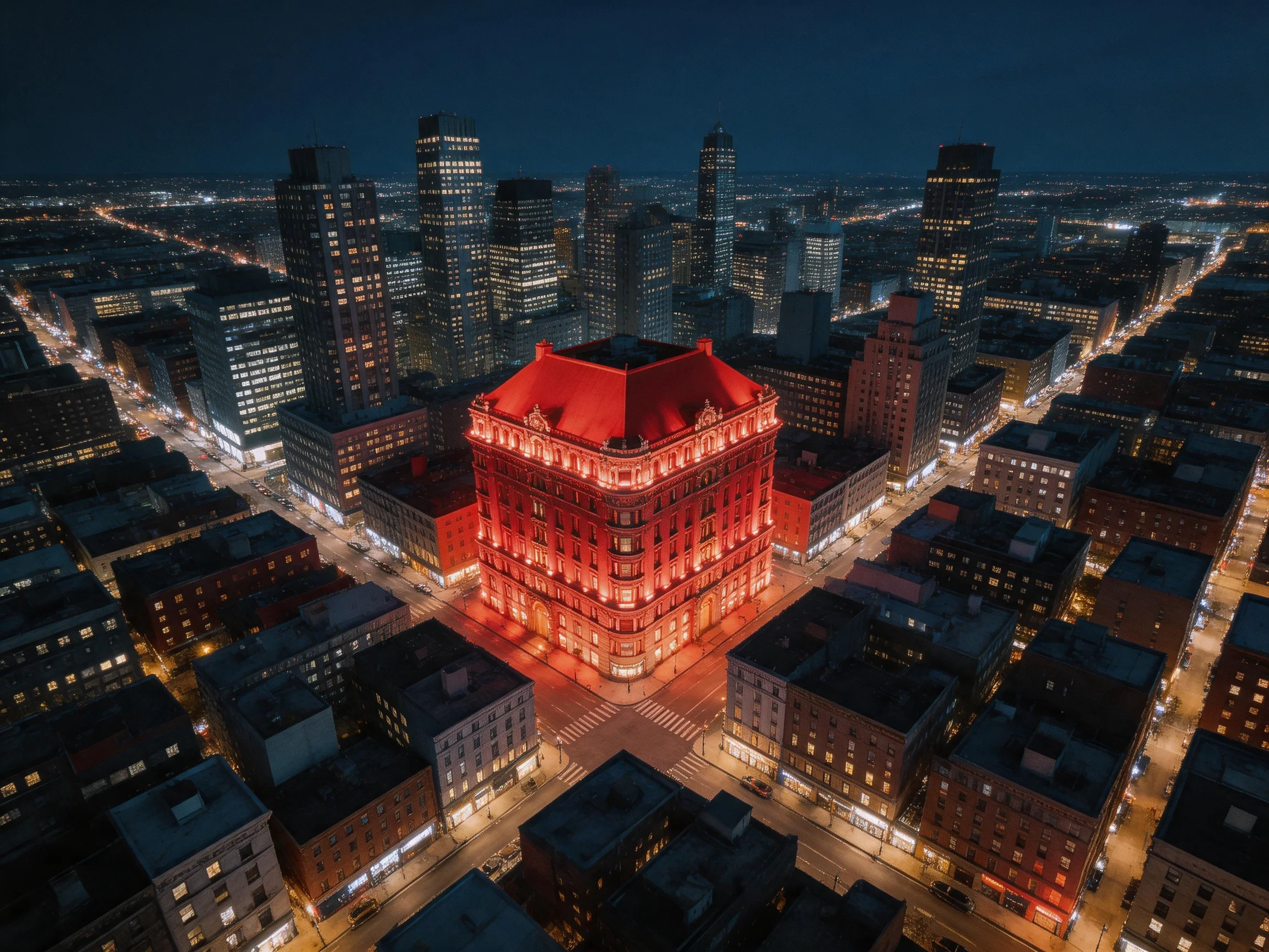 A vibrant red historic building stands out among darkened urban skyscrapers.