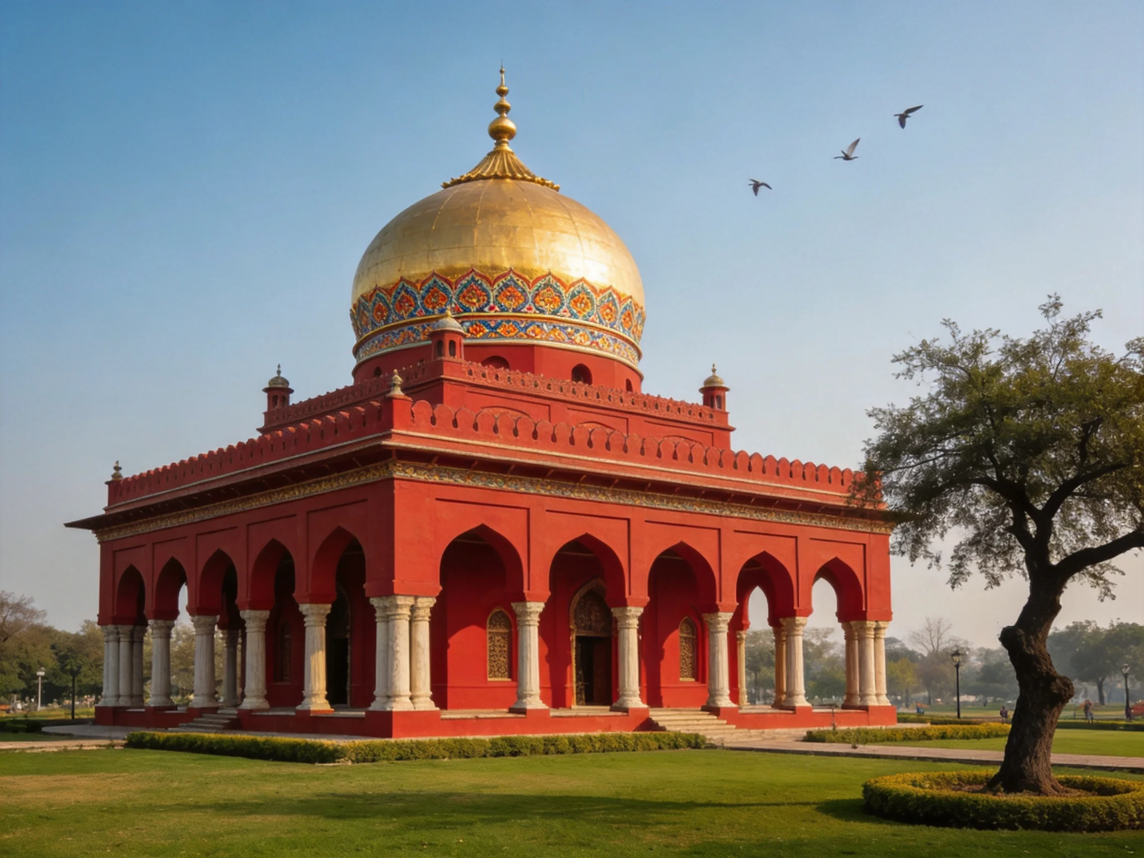 A vibrant red historical structure with ornate golden dome