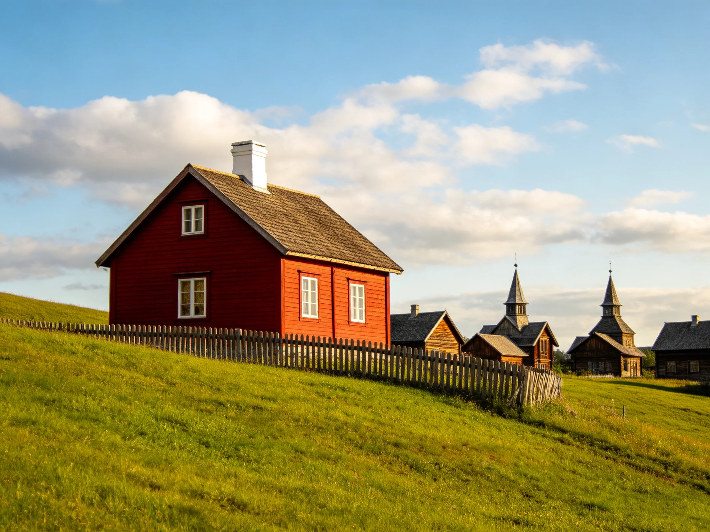 A vibrant red house beside a wooden fence on a grassy hillside