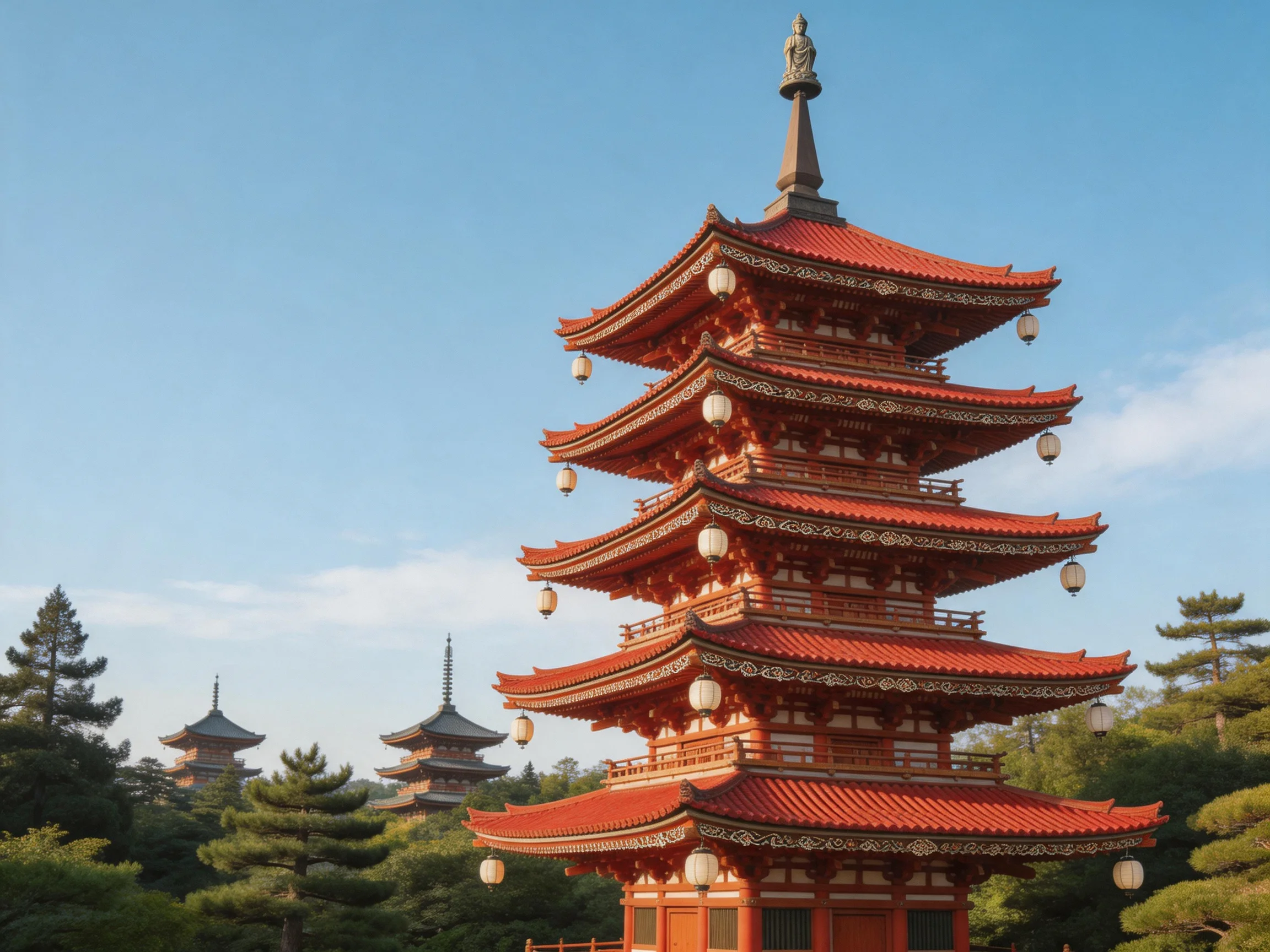 A vibrant red multi - tiered pagoda with hanging lanterns