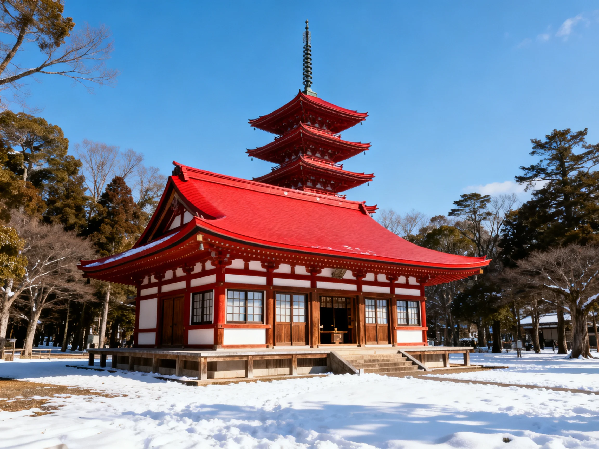 A vibrant red pagoda atop a traditional Japanese temple in winter snow