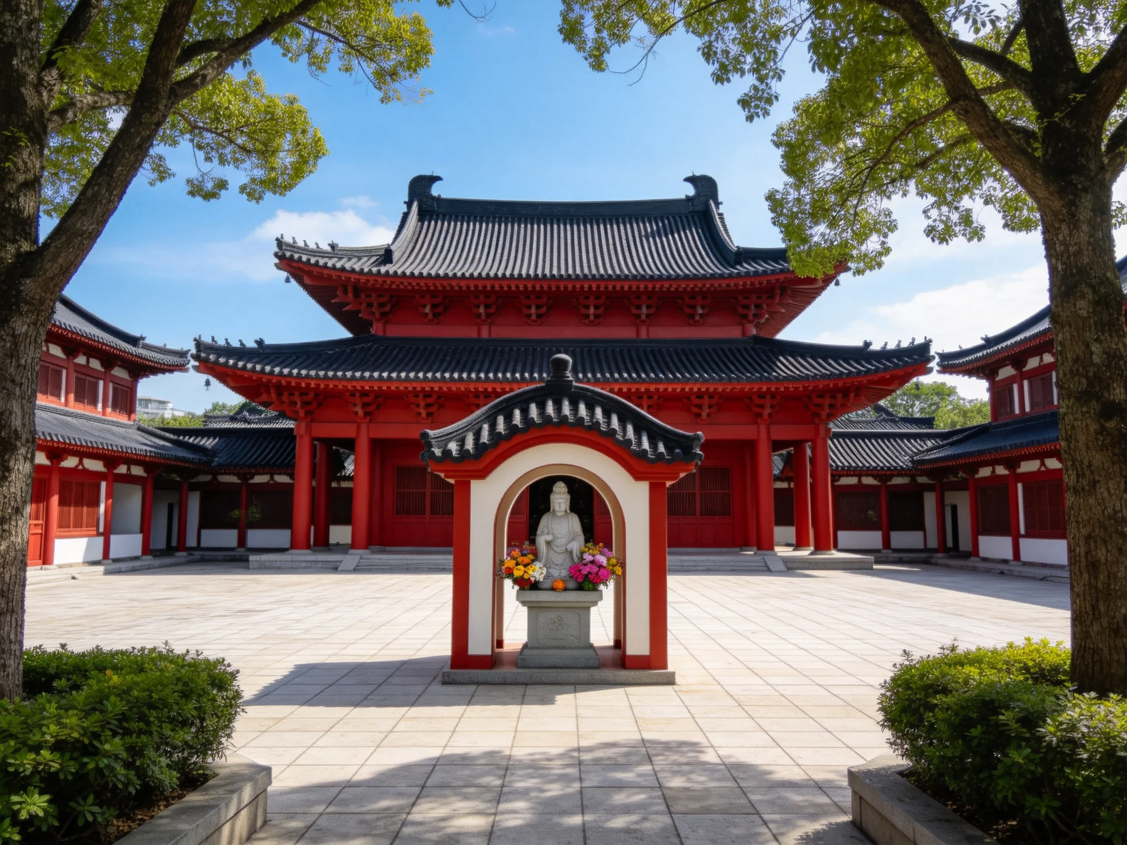 A vibrant red temple complex with a central stone statue