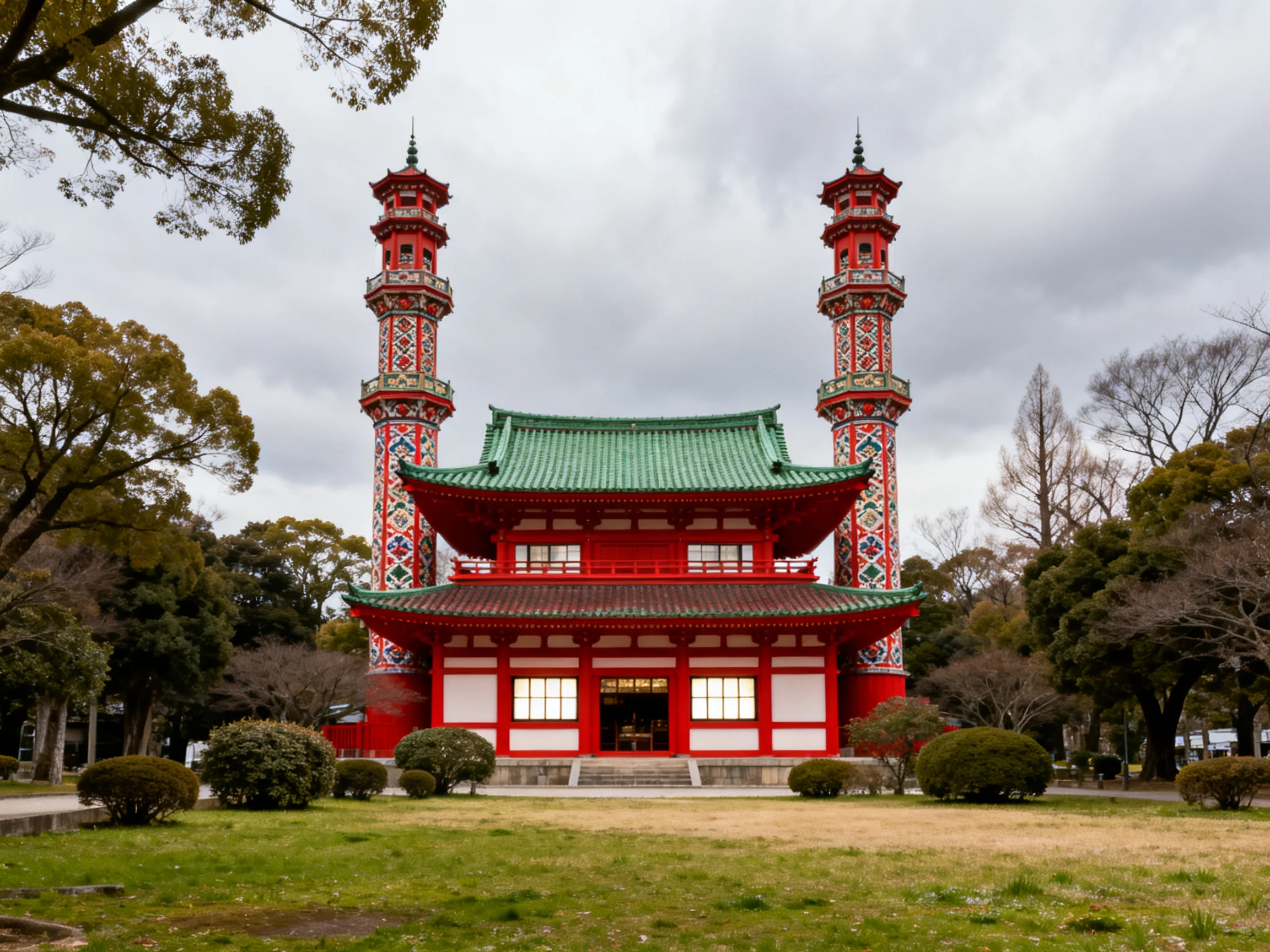 A vibrant red temple with twin ornate towers and green roof