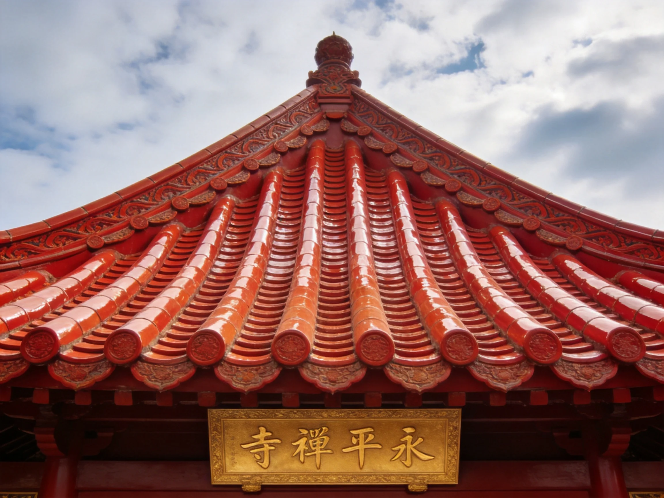 A vibrant red traditional temple roof with ornate tile designs