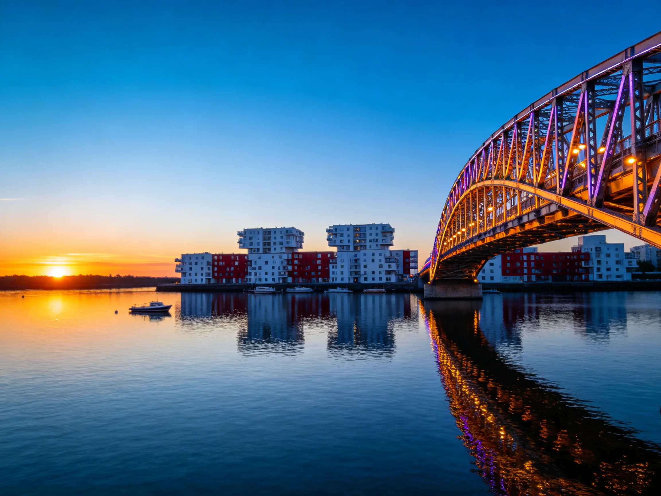 A vibrant sunset over a modern bridge and colorful waterfront buildings