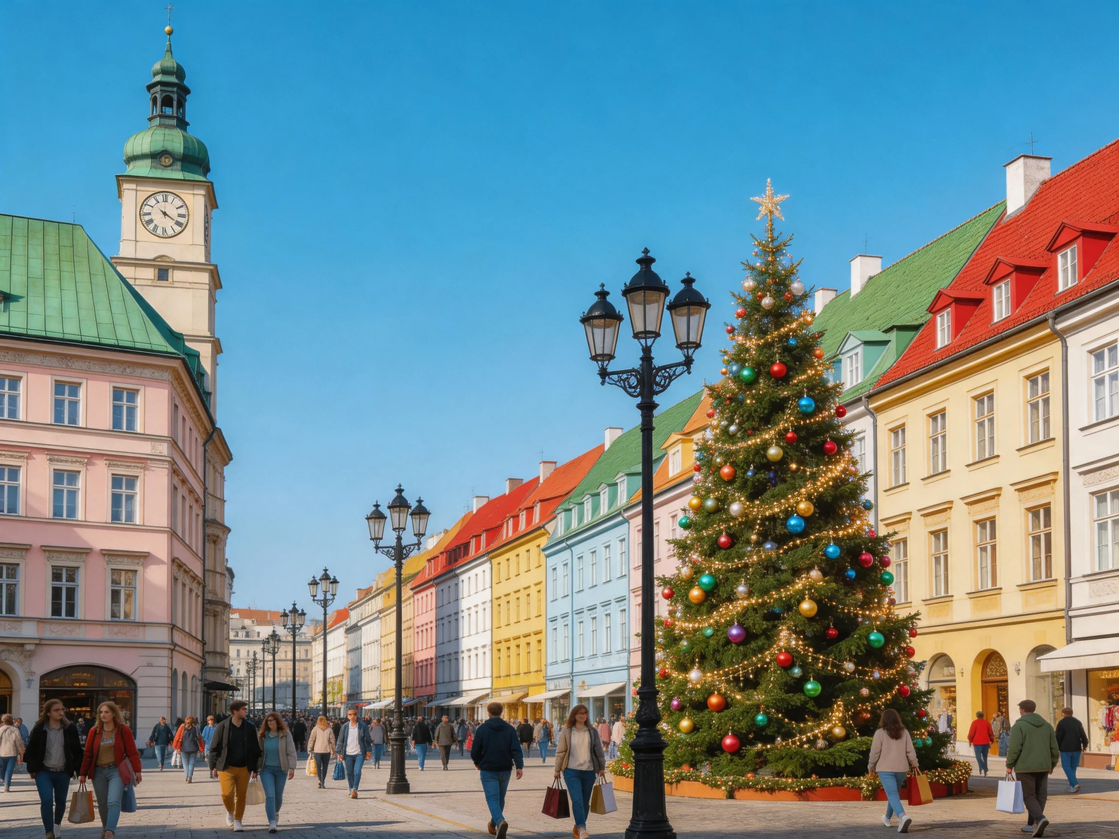 A vibrant town square with a large decorated Christmas tree