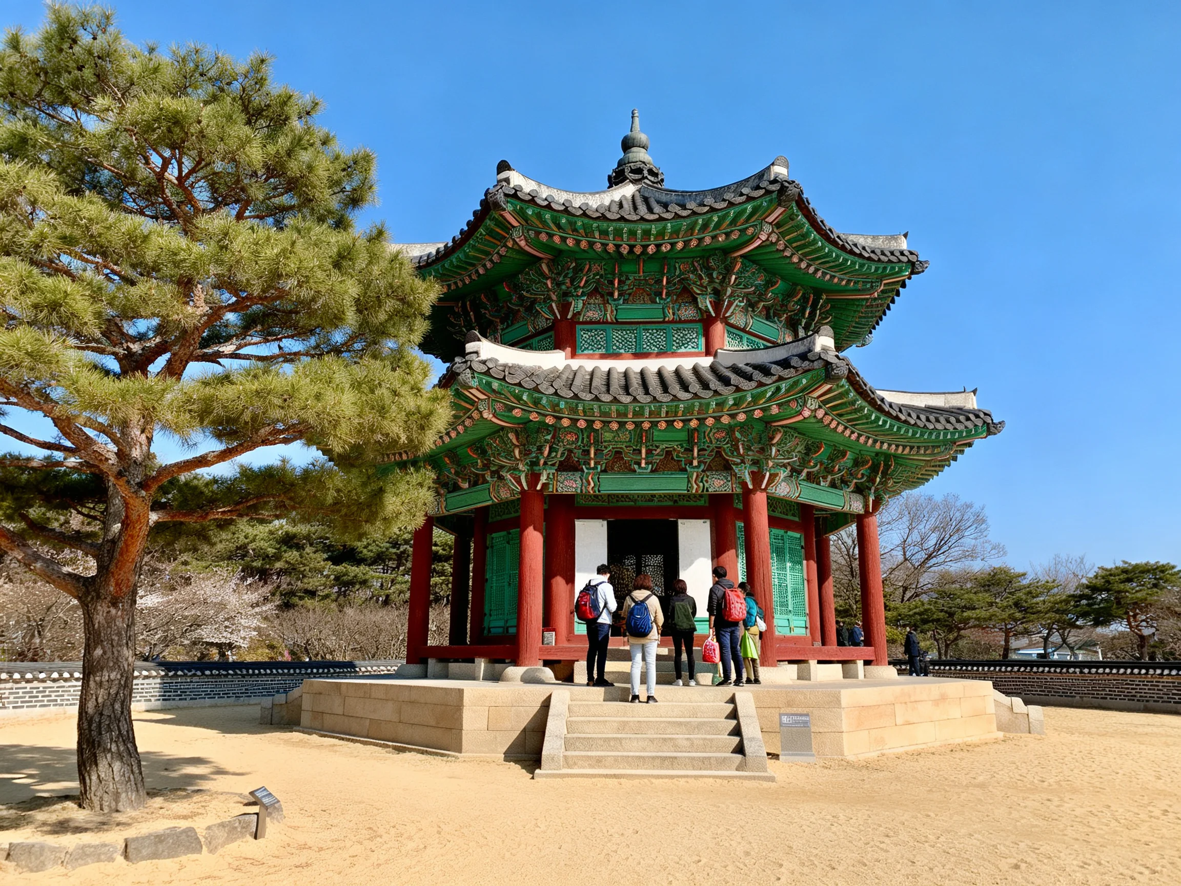 A vibrant two - story octagonal pavilion with green and red accents