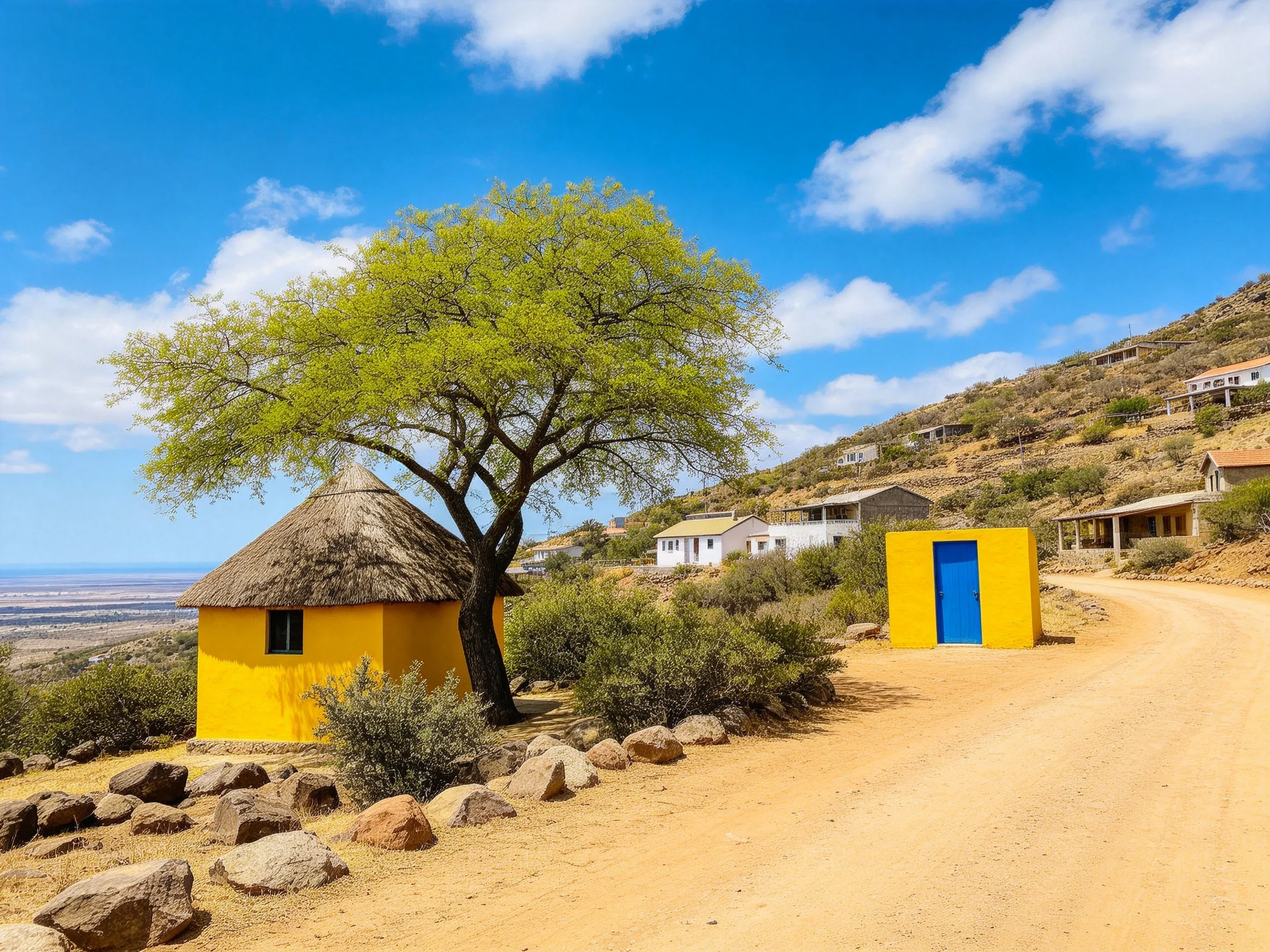 A vibrant village with yellow huts, large tree, and winding dirt road