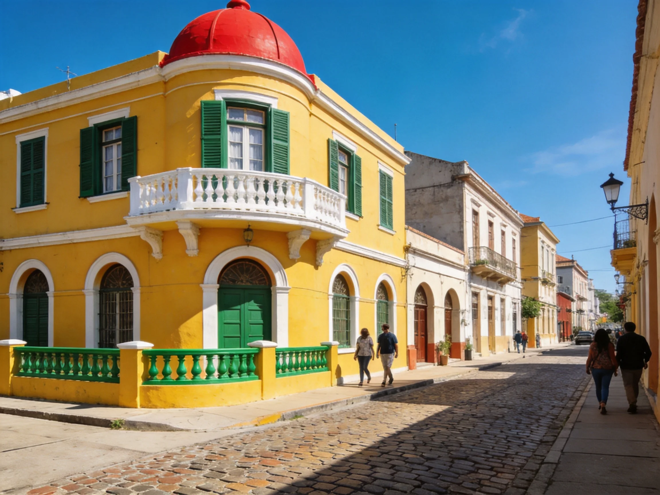 A vibrant yellow building with a red dome near cobblestone streets