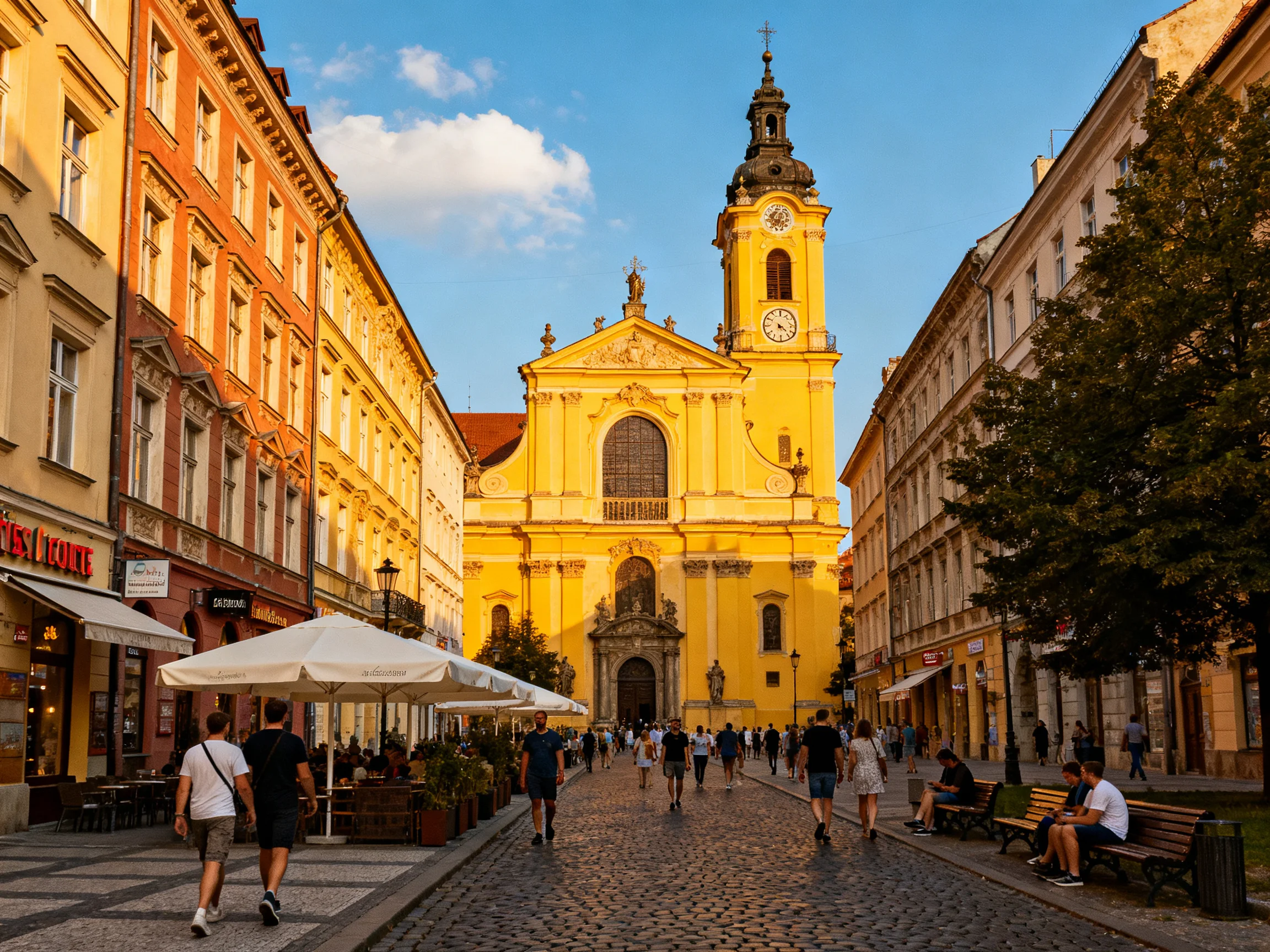 A vibrant yellow church amidst historic buildings on a cobblestone street