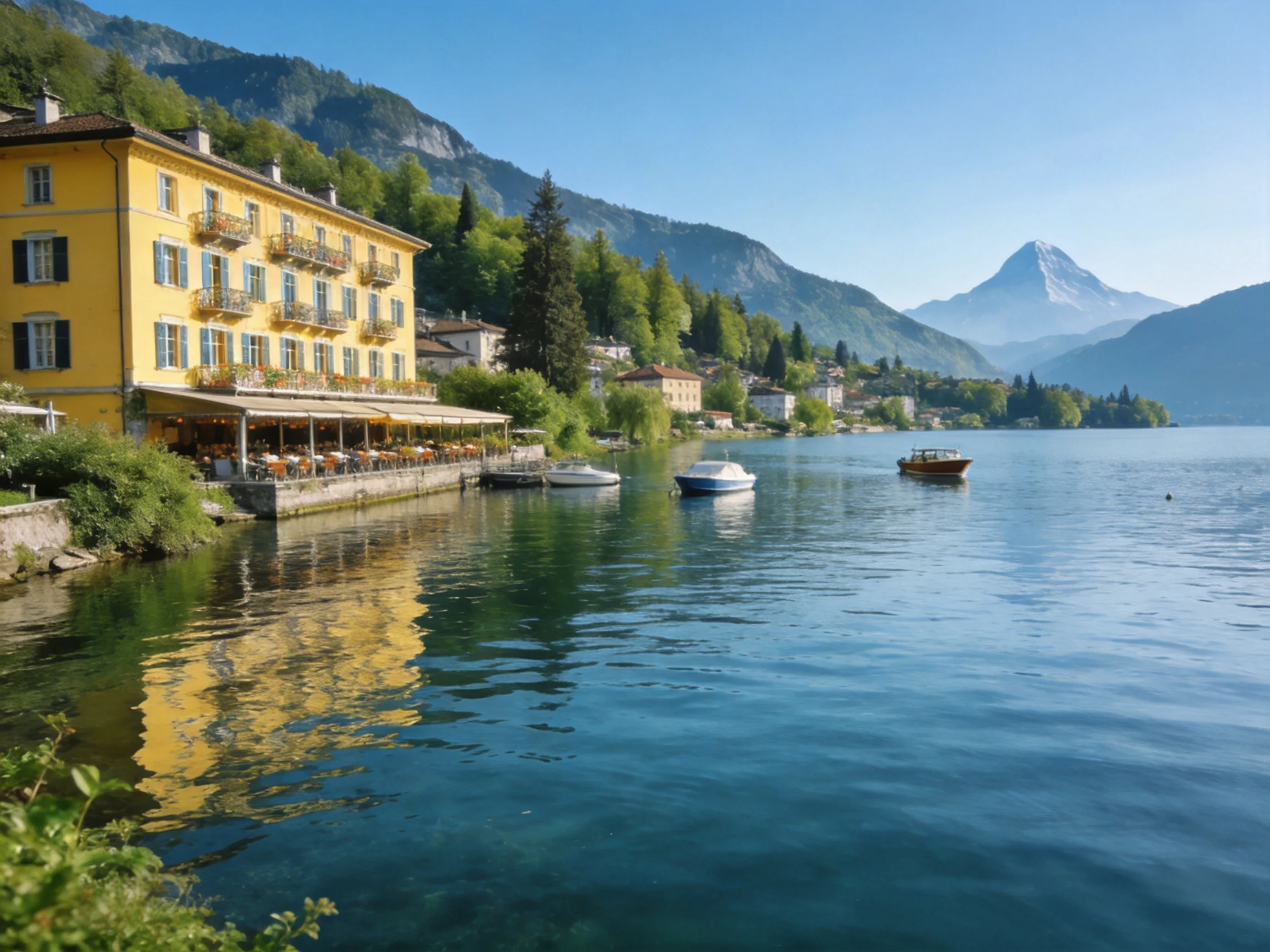 A vibrant yellow hotel by a serene blue lake with boats and mountains