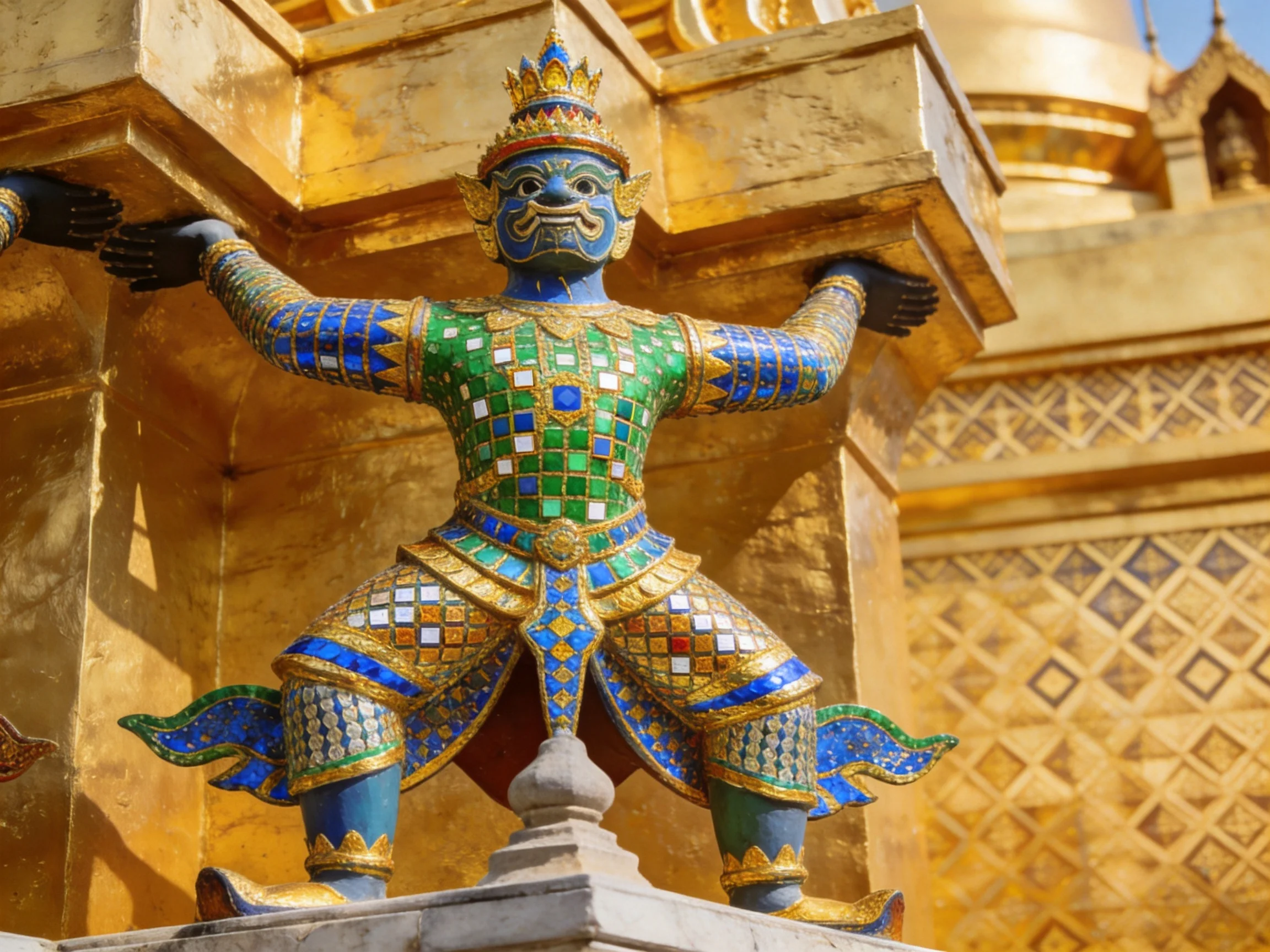A vibrantly colored guardian statue beside ornate golden temple structures