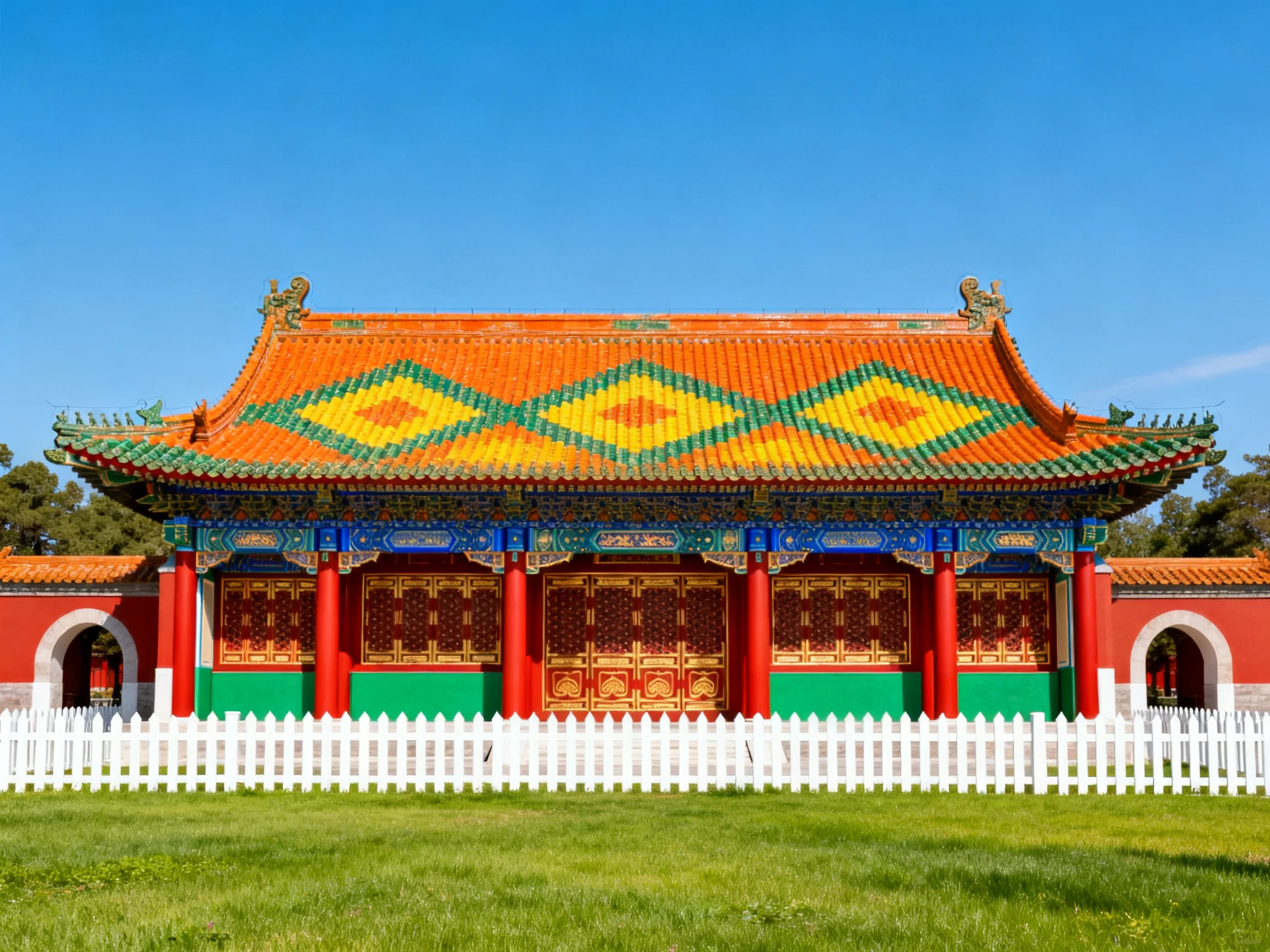 A vibrantly colored traditional temple with orange roof and red columns