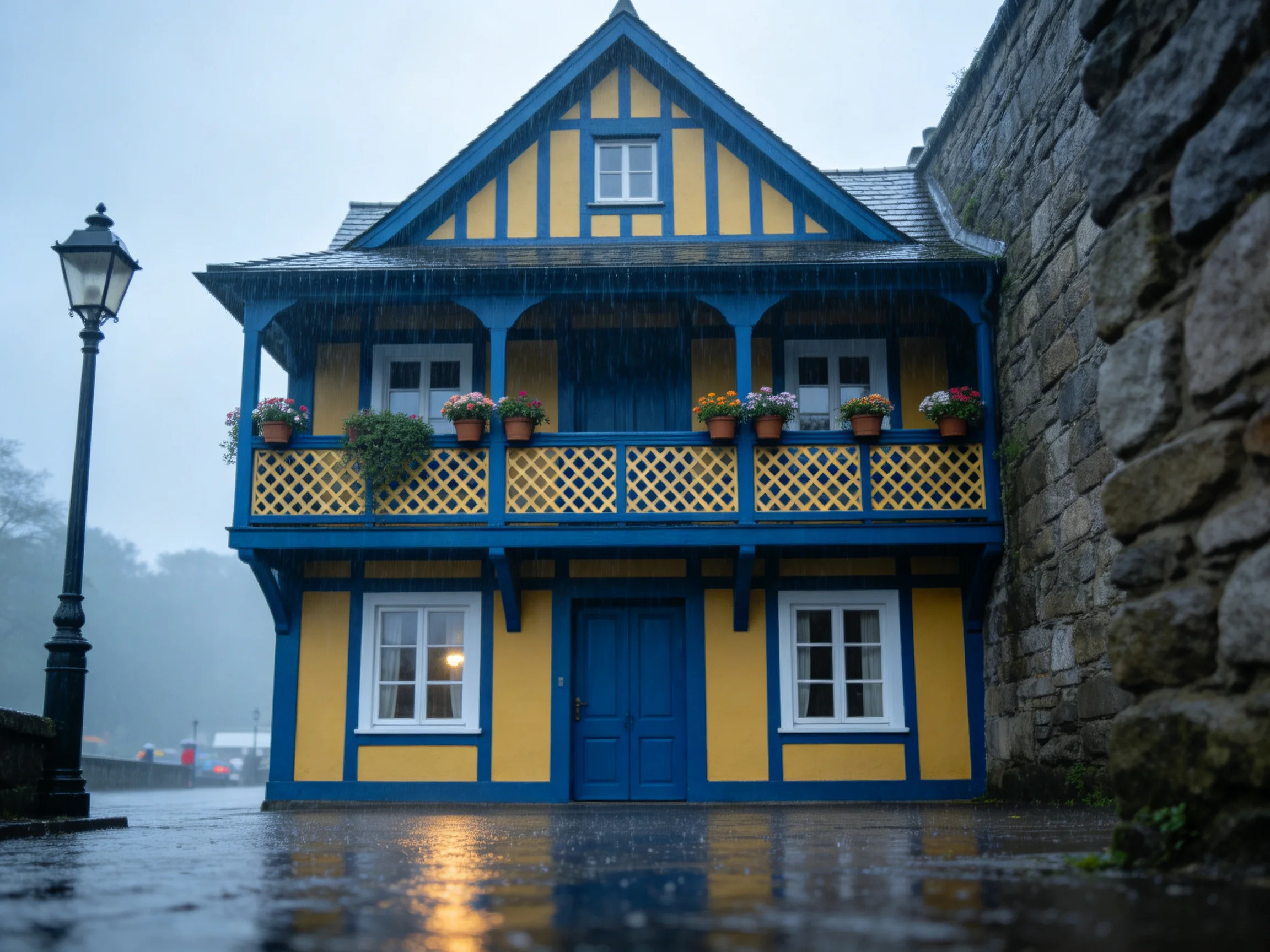 A vibrantly colored two - story house with flower boxes on a rainy day