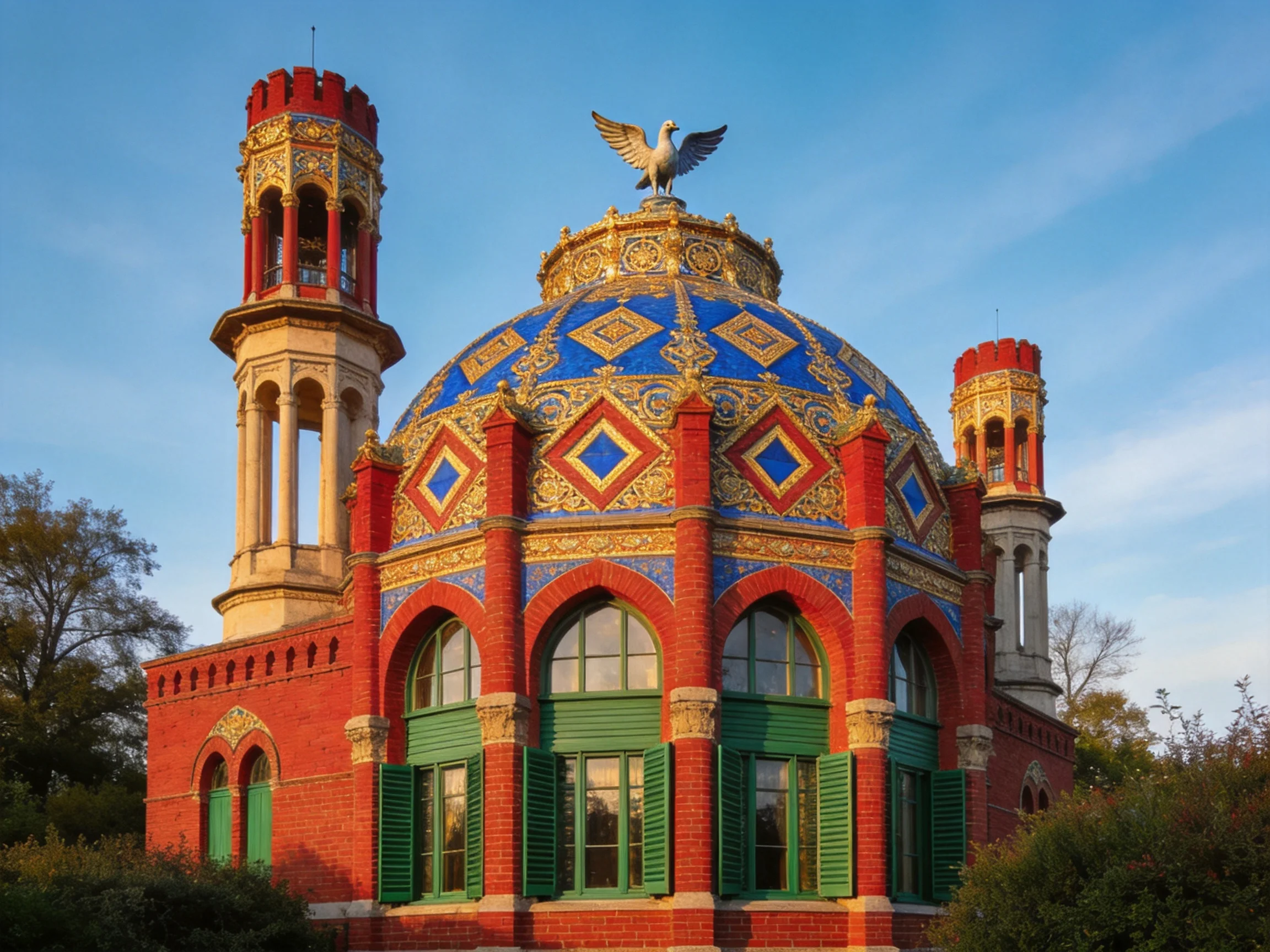 A vibrantly decorated domed brick building with ornate towers