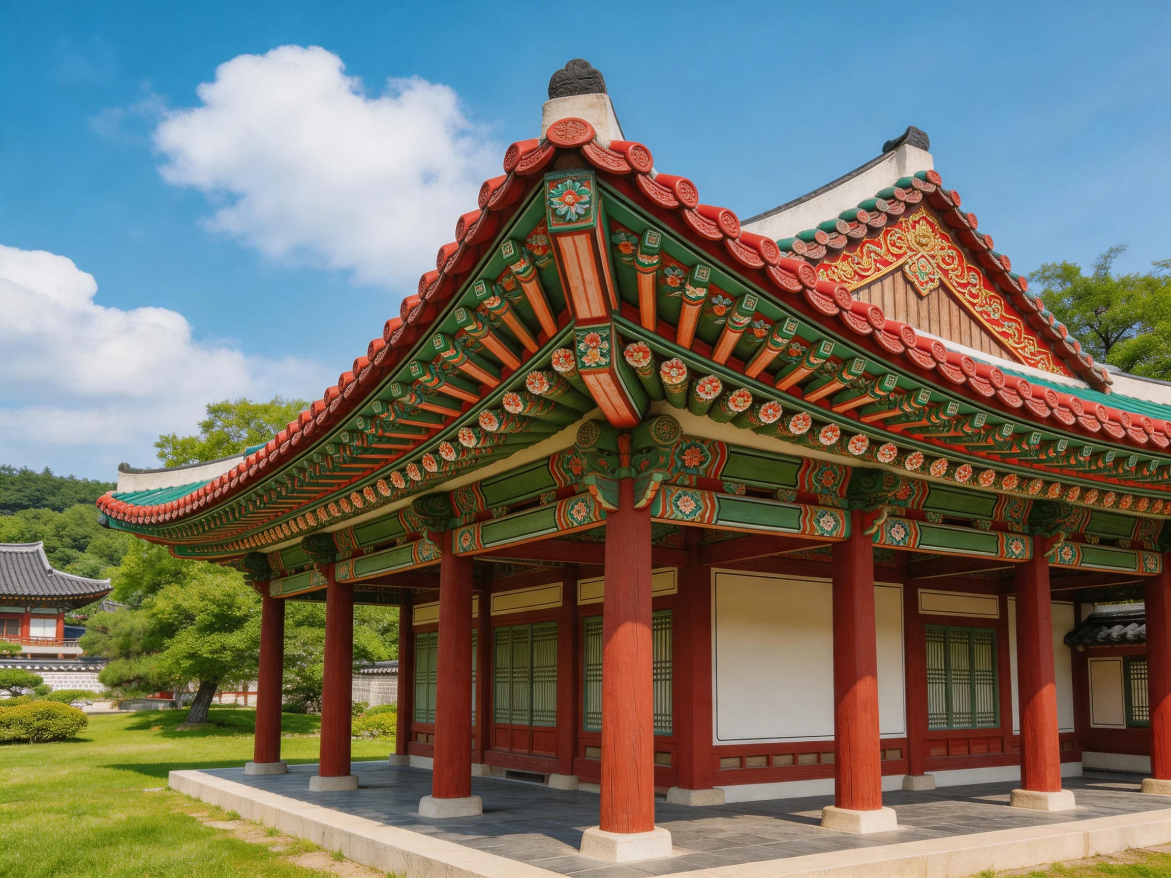 A vibrantly decorated traditional Korean pavilion with red pillars