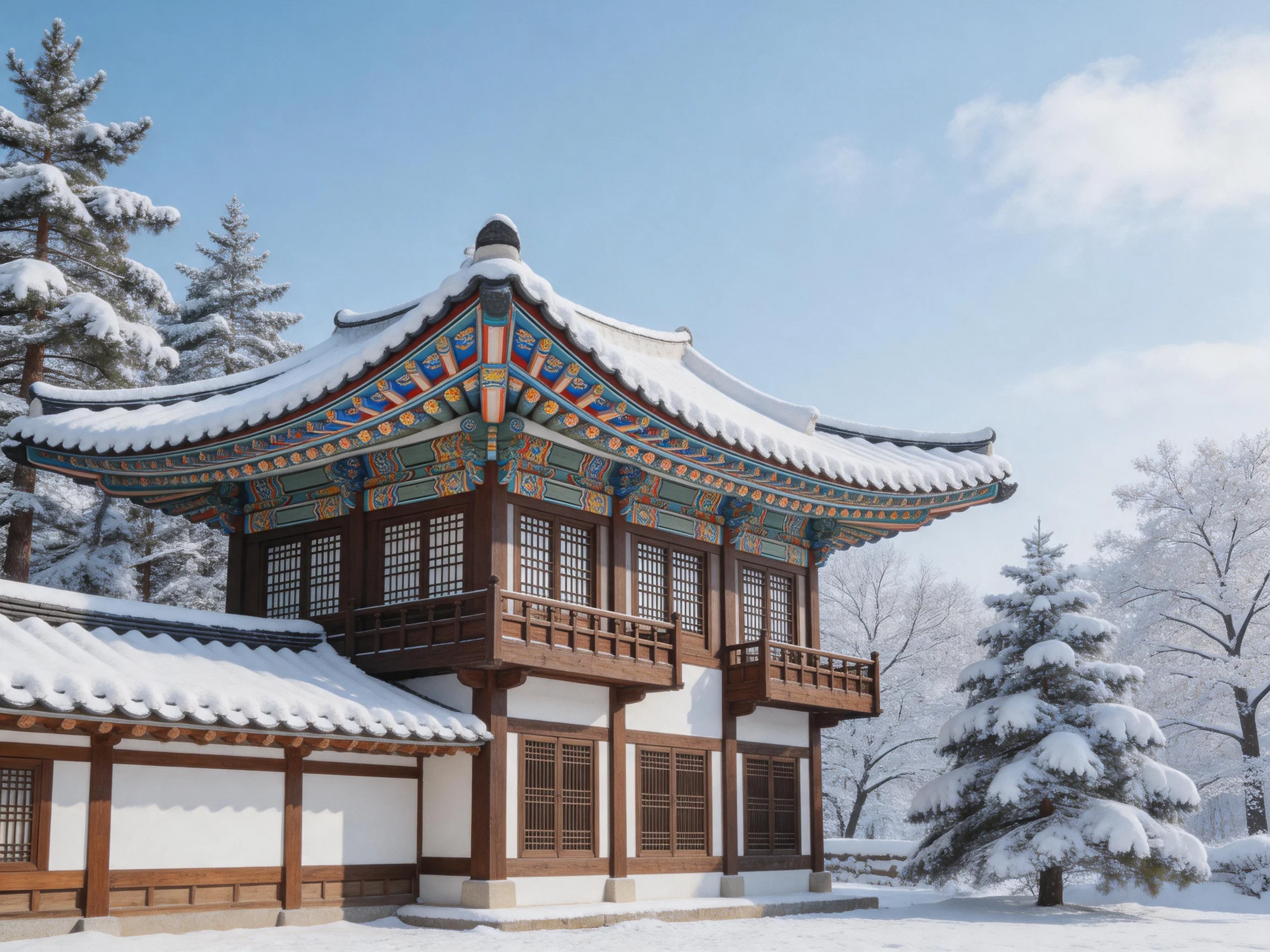 A vibrantly decorated traditional building blanketed in snow amidst snowy trees