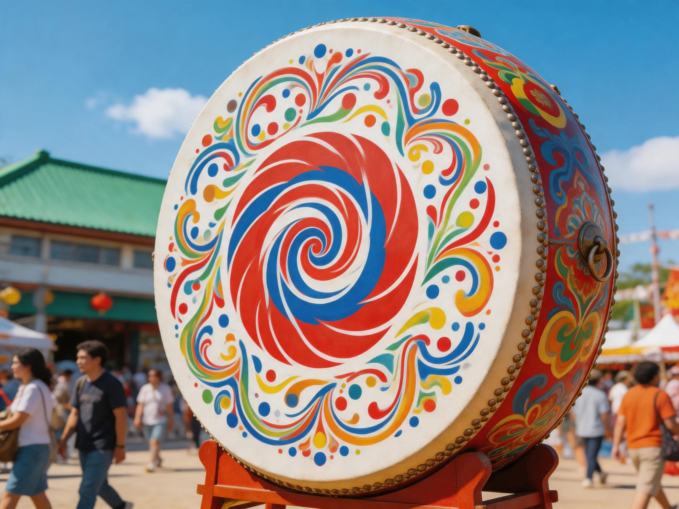A vibrantly decorated traditional drum at an outdoor festival