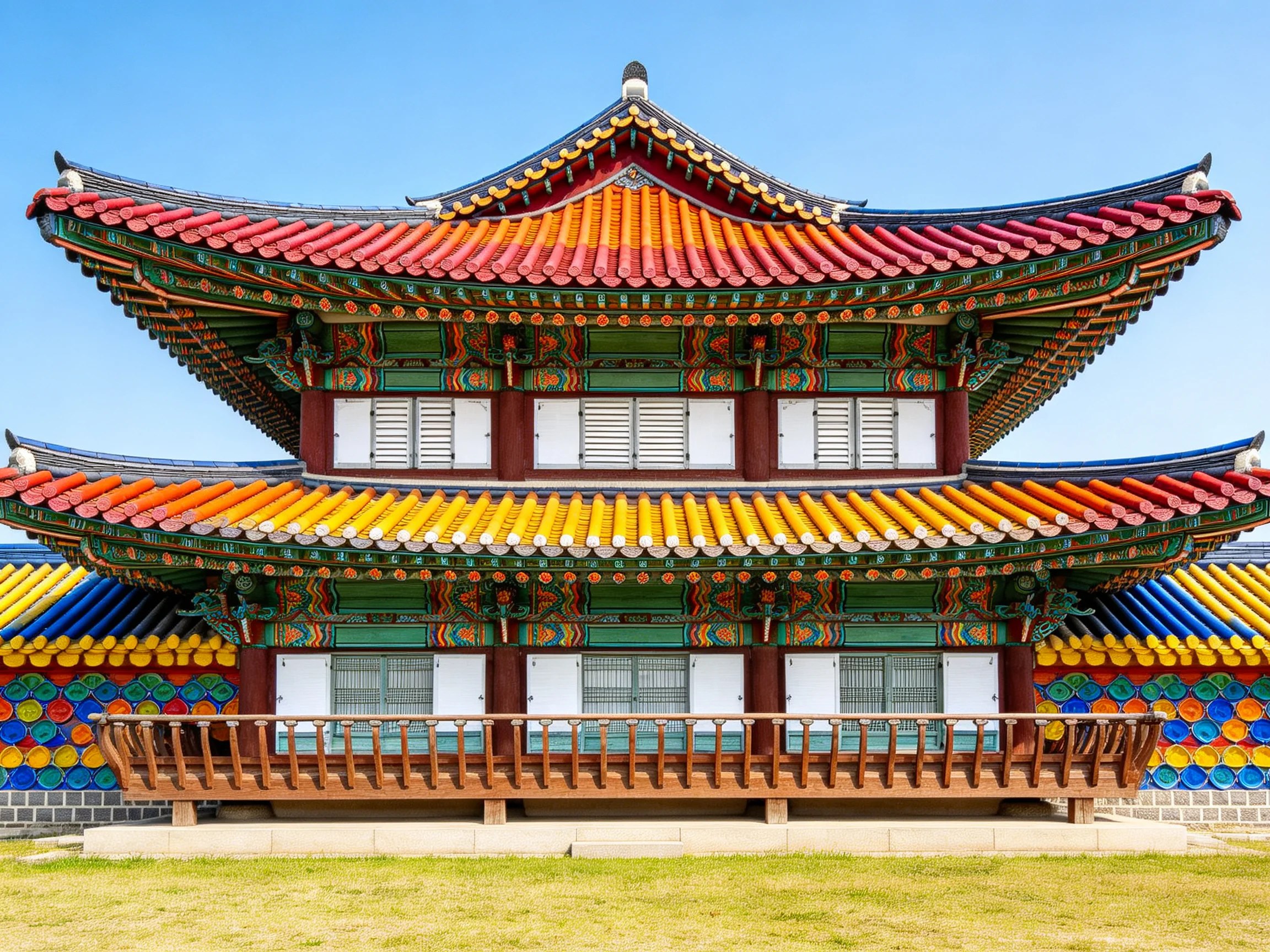 A vibrantly decorated two - story traditional Korean building with colorful tiled roofs