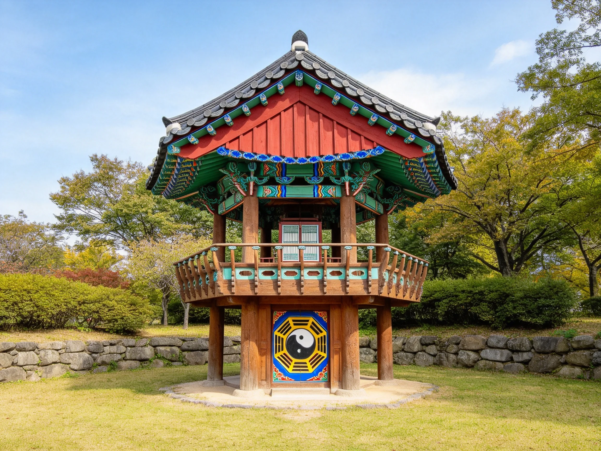 A vibrantly decorated two - story traditional Korean pavilion with cultural symbols