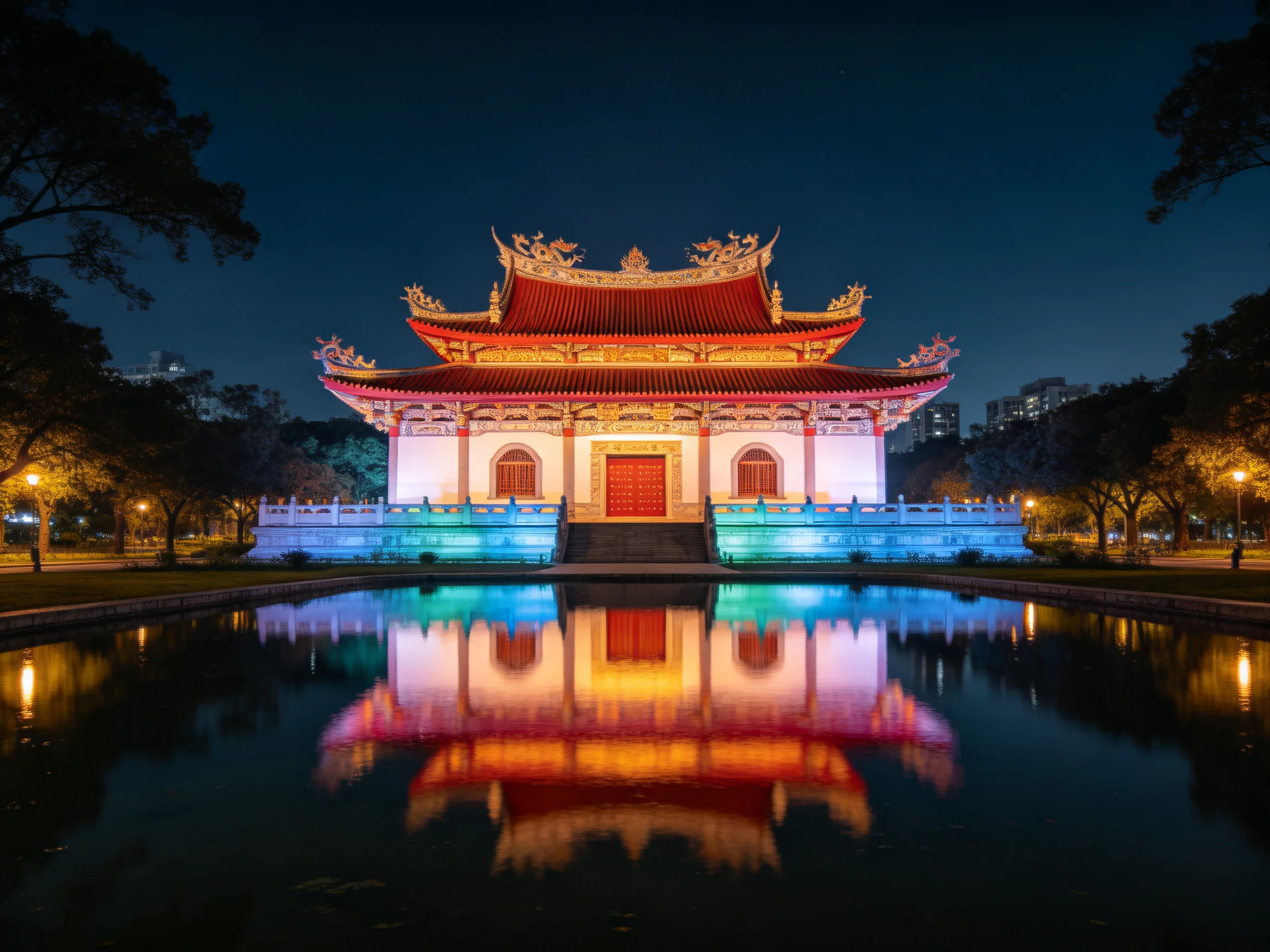 A vibrantly lit ancient temple reflecting in calm water at night