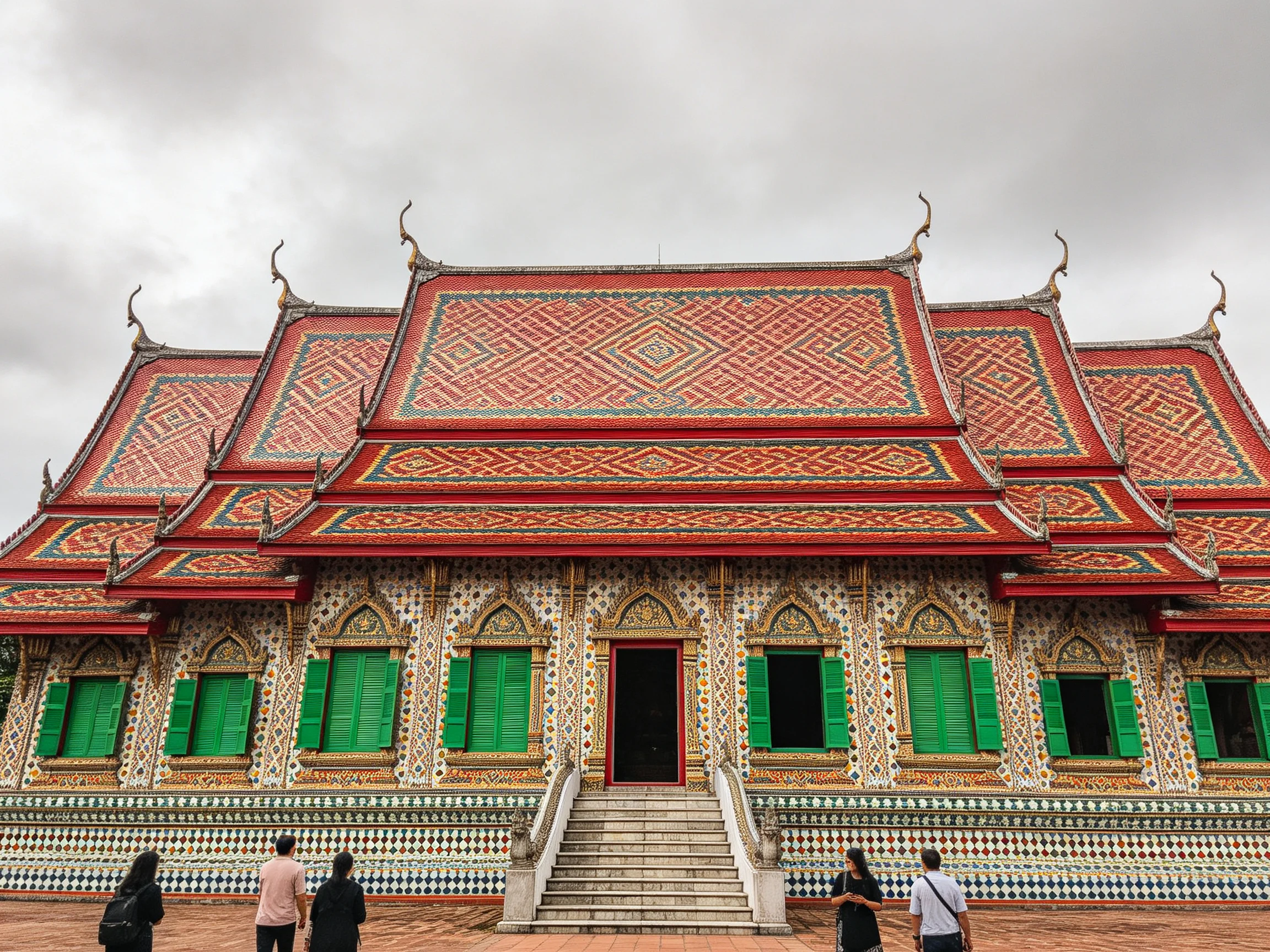A vibrantly tiled temple with ornate roofs and green shutters