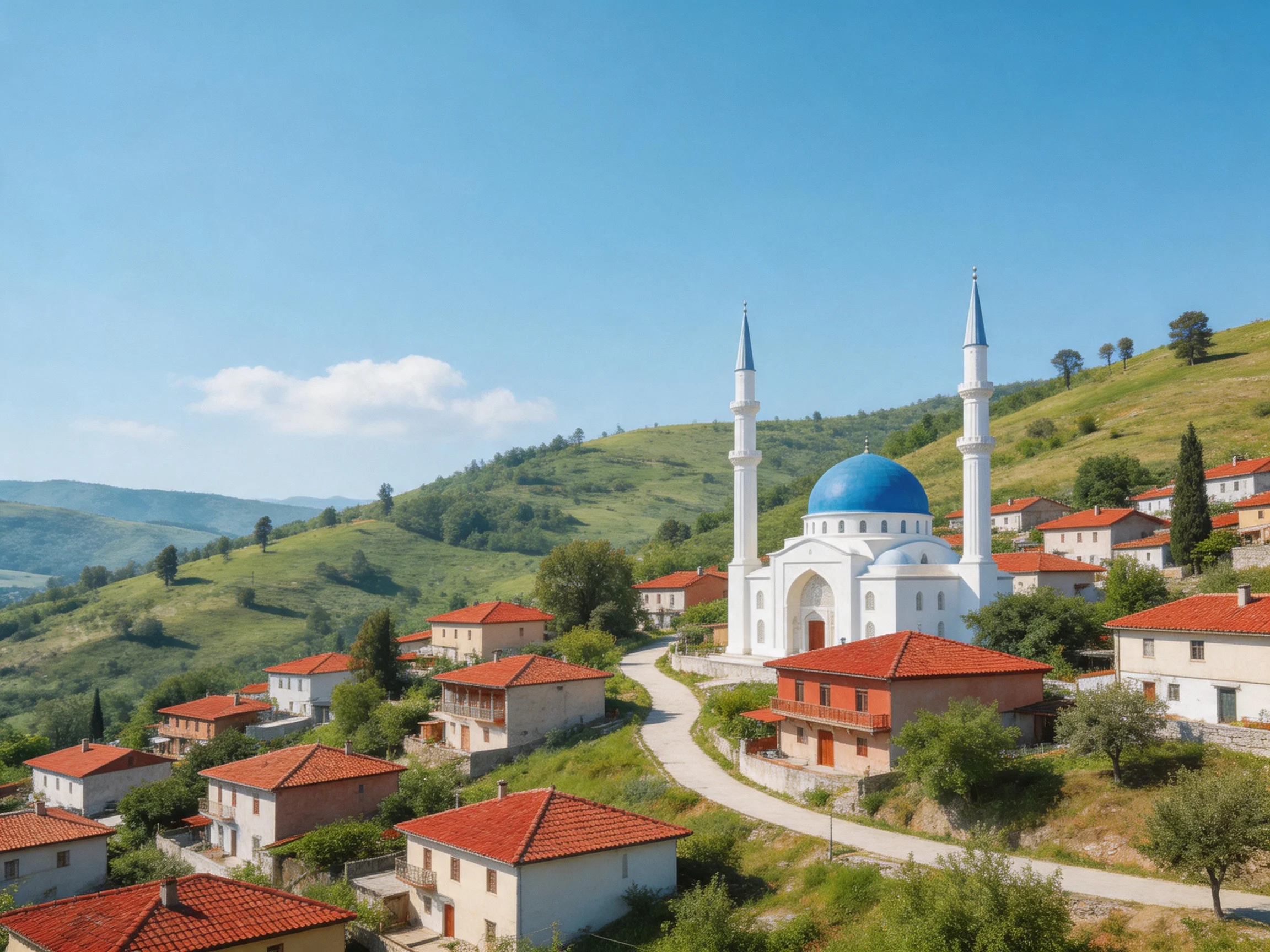 A village with red-roofed homes near a white mosque with blue dome