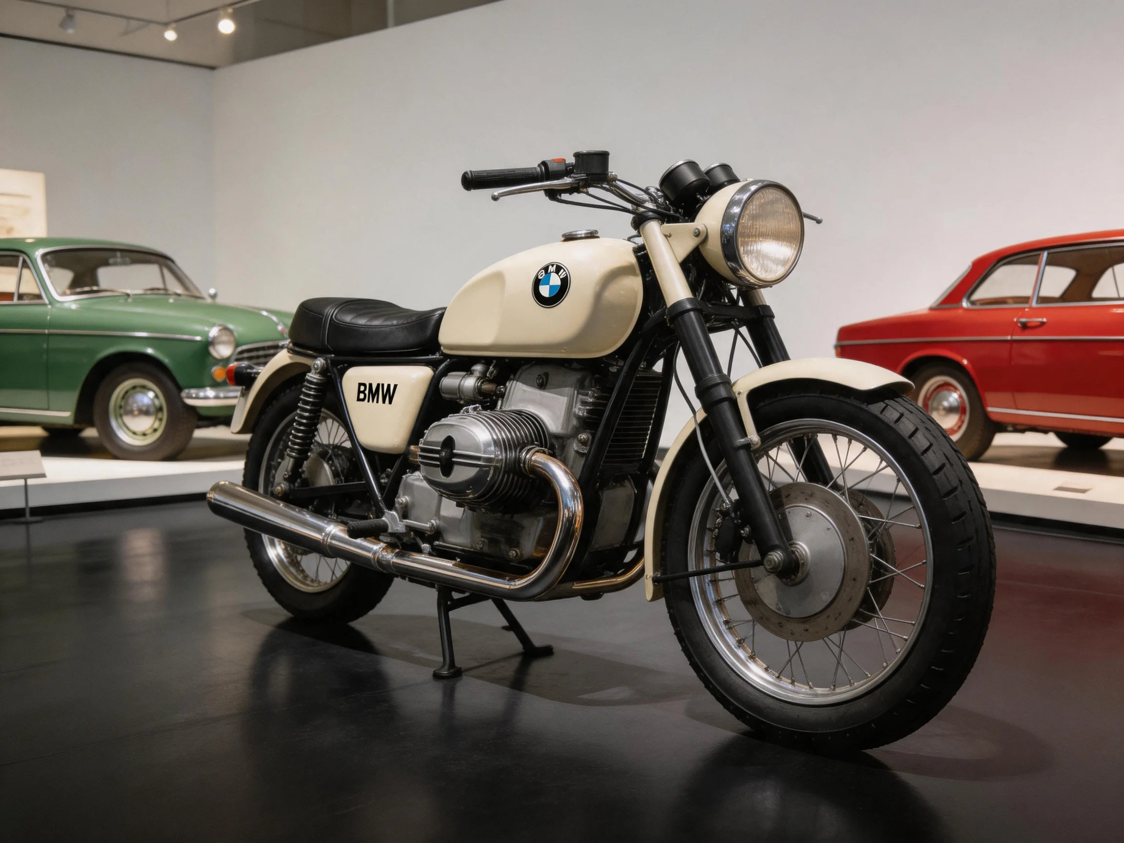 A vintage BMW motorcycle displayed between green and red classic cars