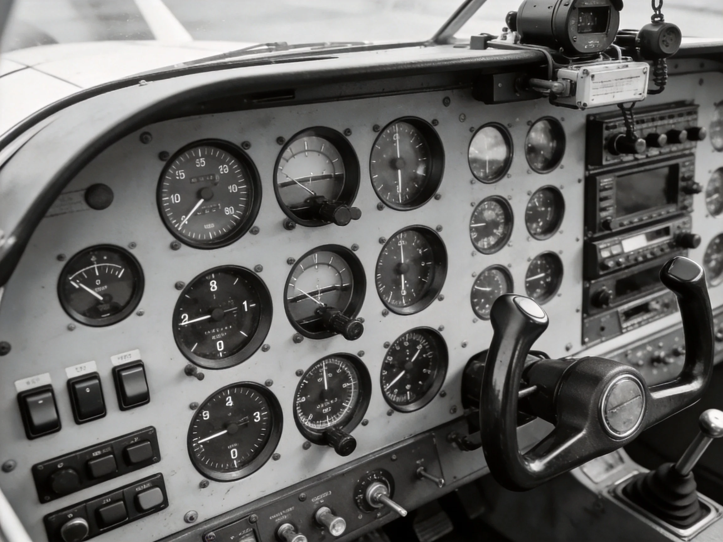 A vintage aircraft cockpit dashboard with multiple instruments and controls