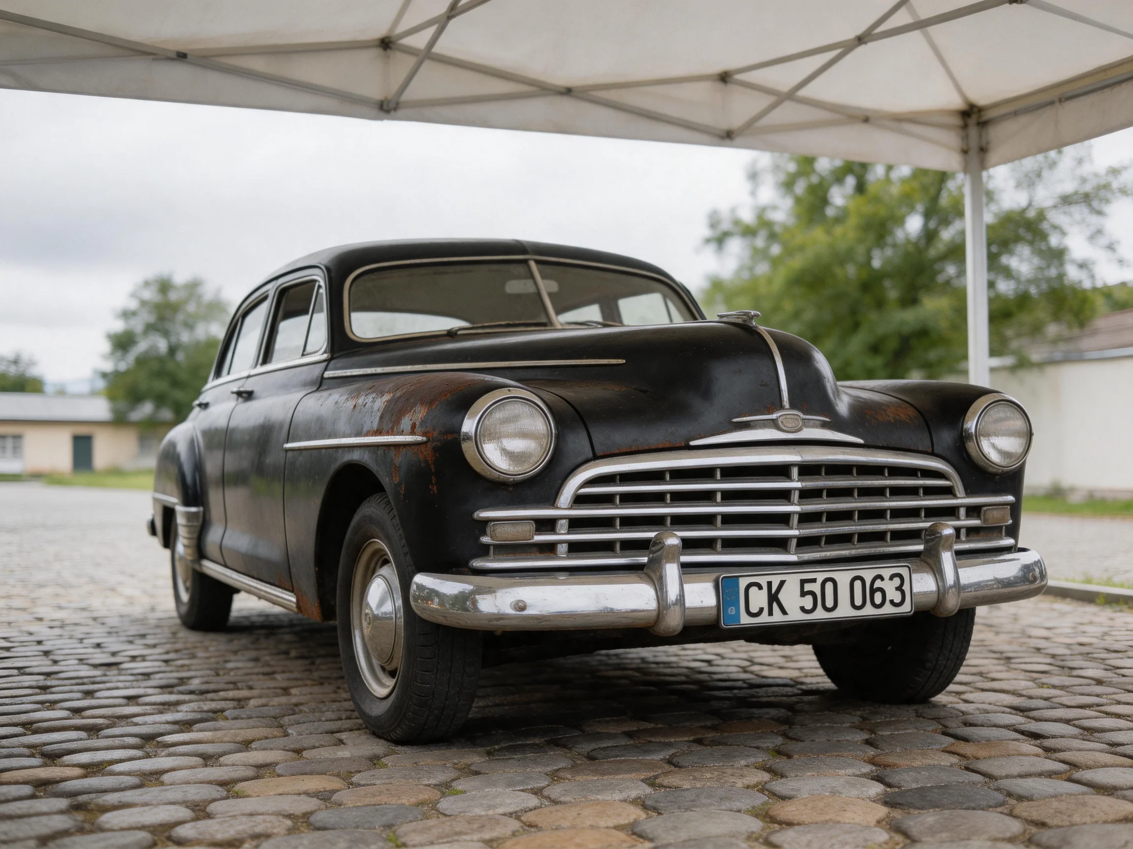 A vintage black sedan parked under a white canopy on cobblestones