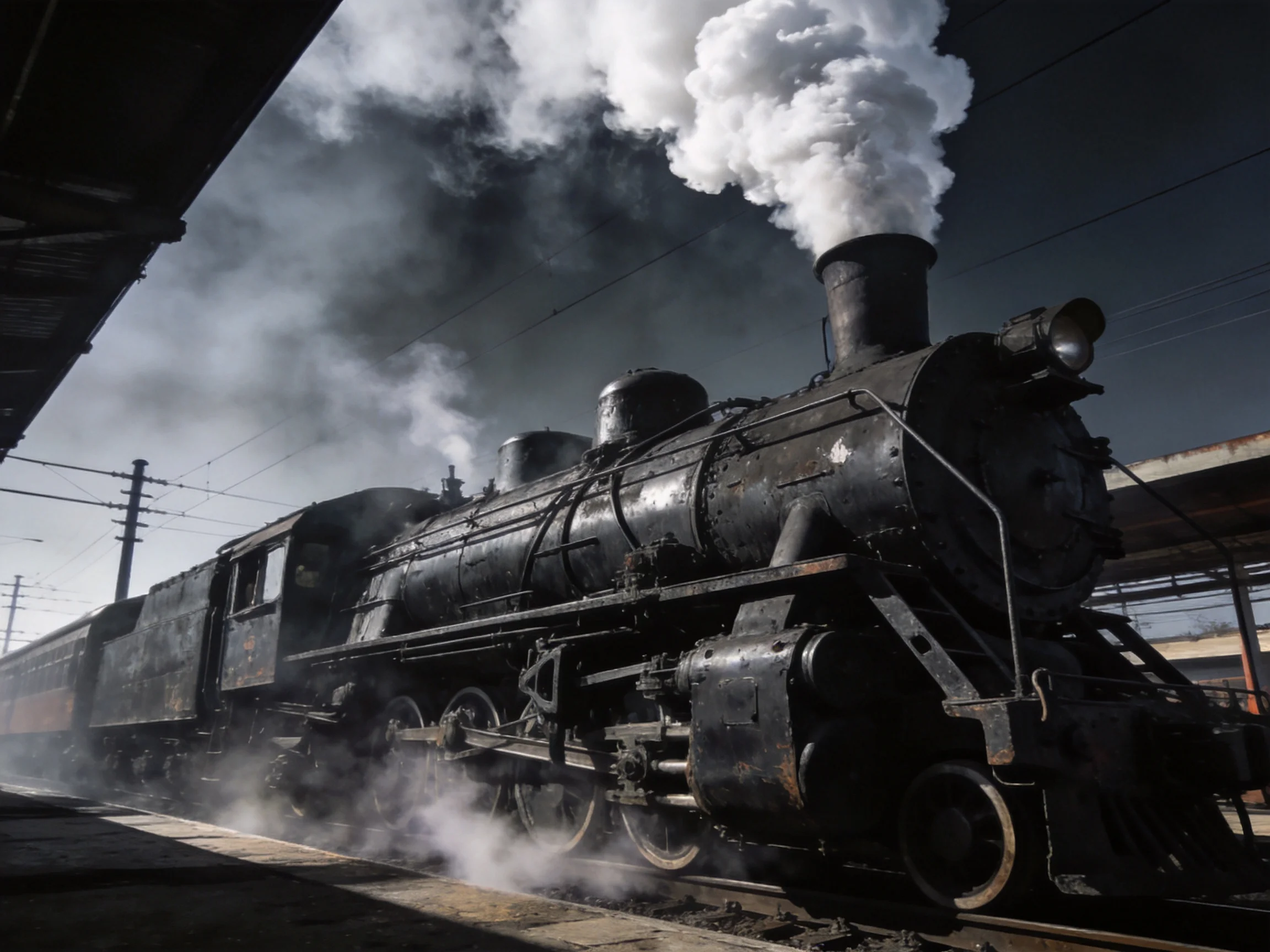A vintage black steam locomotive emits thick white smoke at a station