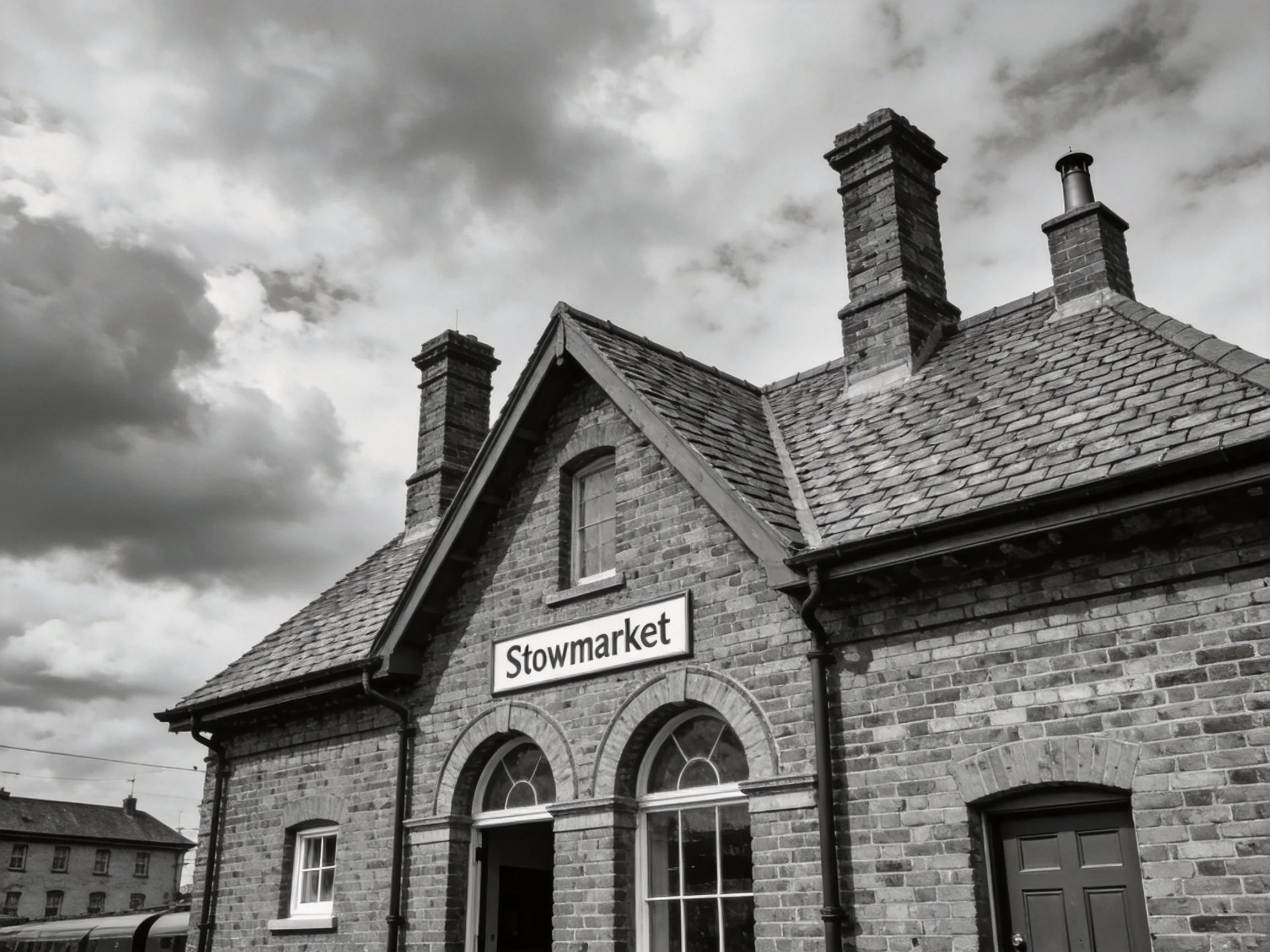 A vintage brick station building labeled Stowmarket with chimneys under dark clouds