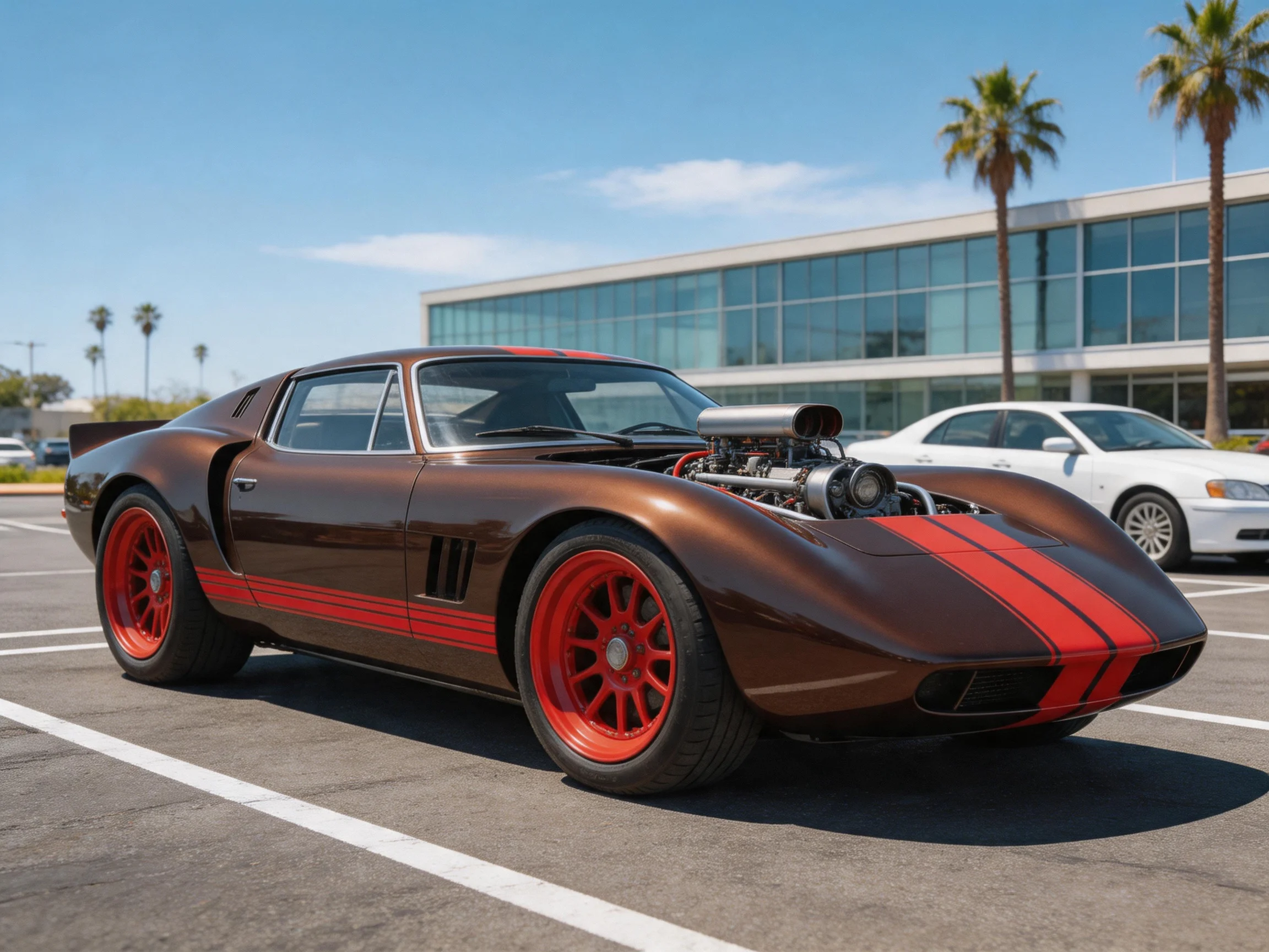 A vintage brown sports car with red stripes and wheels parked outdoors