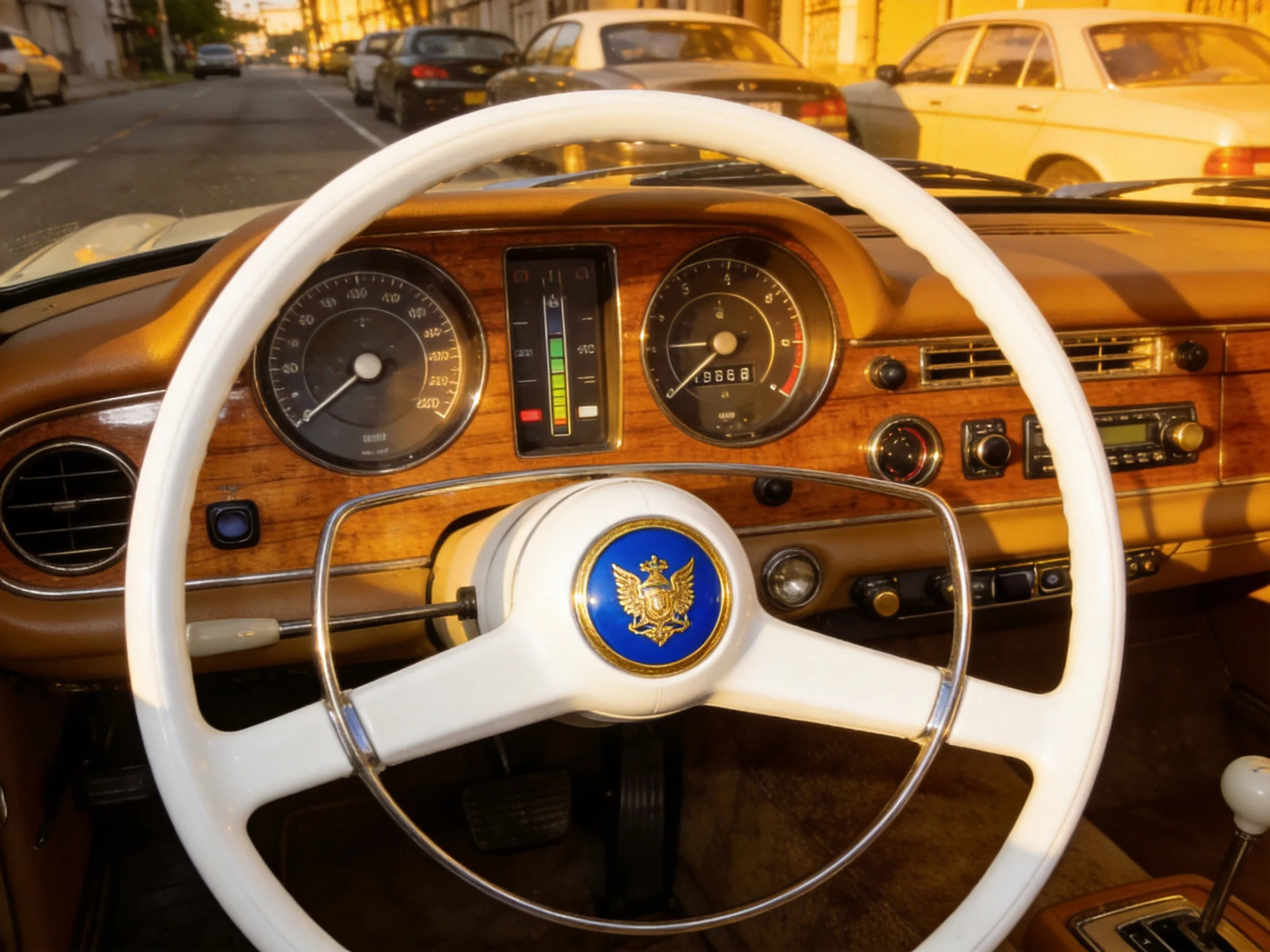 A vintage cars interior with a white steering wheel and wooden dashboard