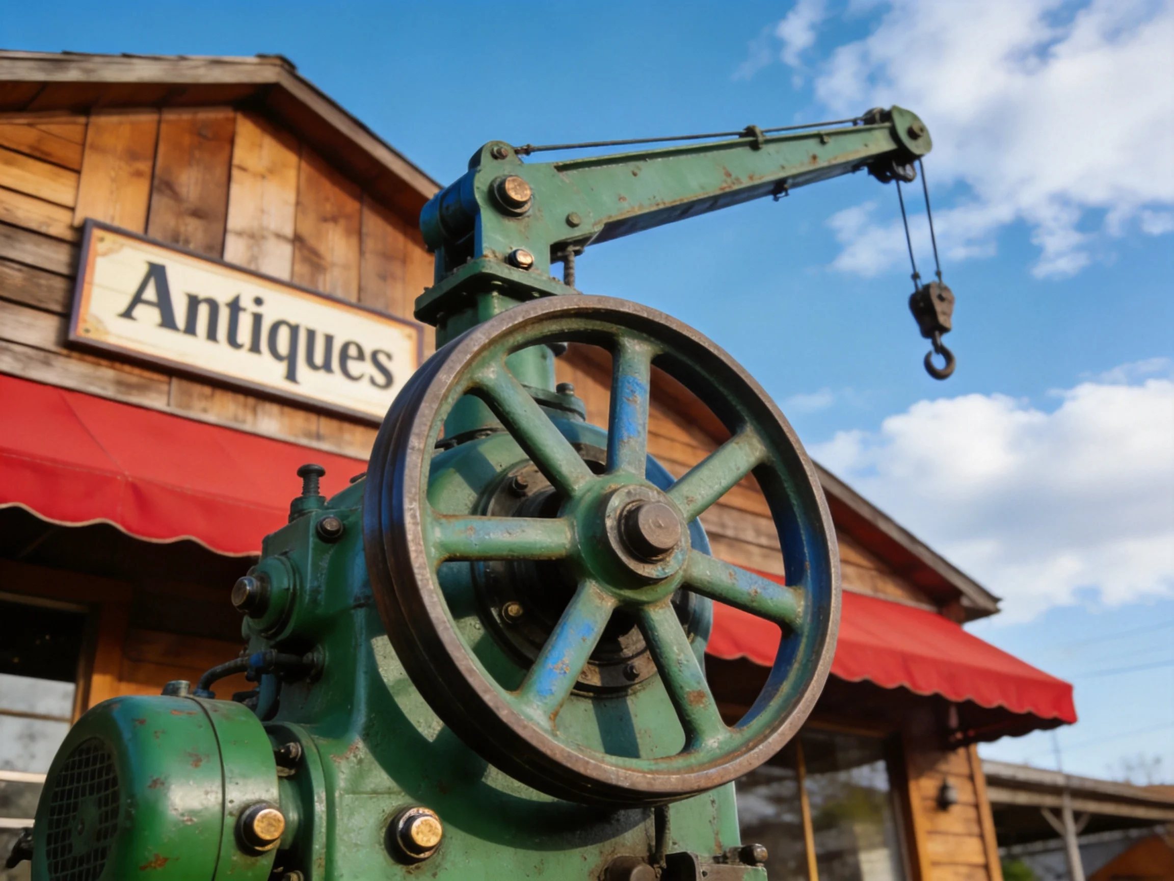 A vintage green mechanical device outside an antique shop with a red awning