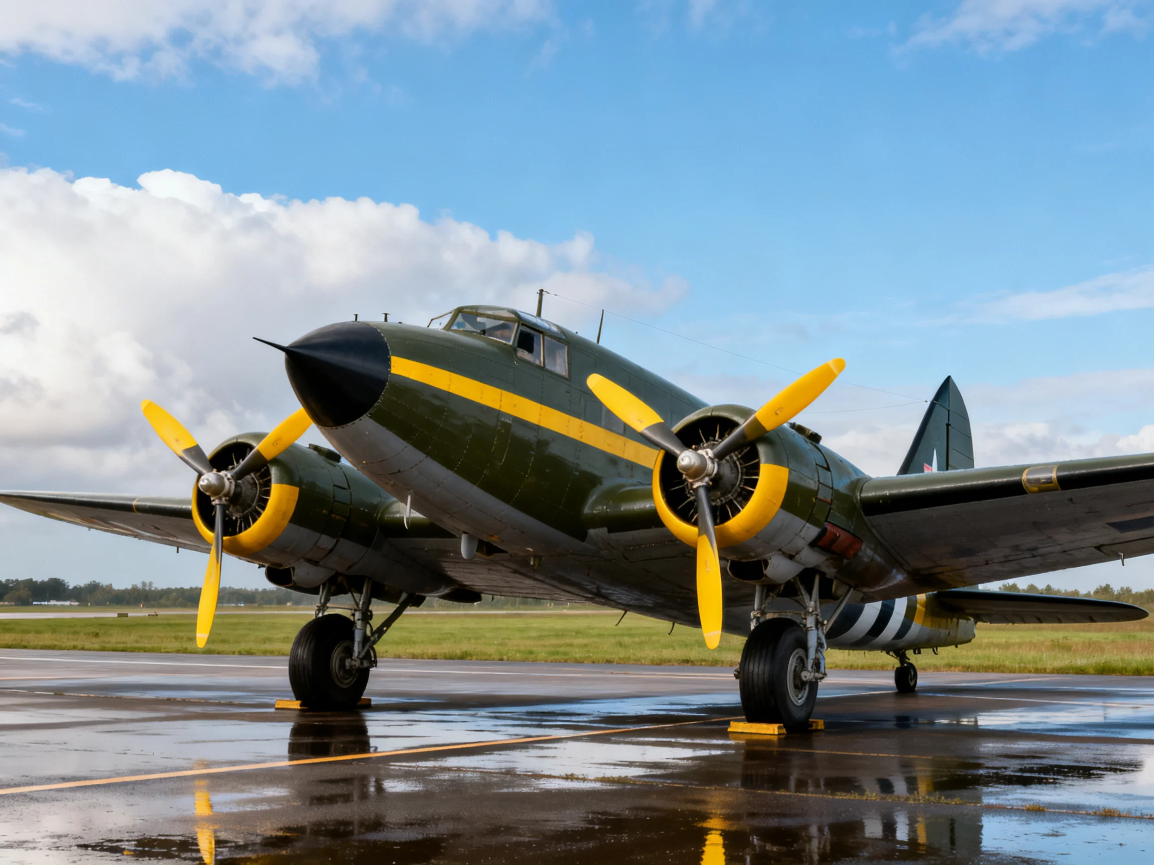 A vintage military twin-engine plane with green fuselage and yellow propellers