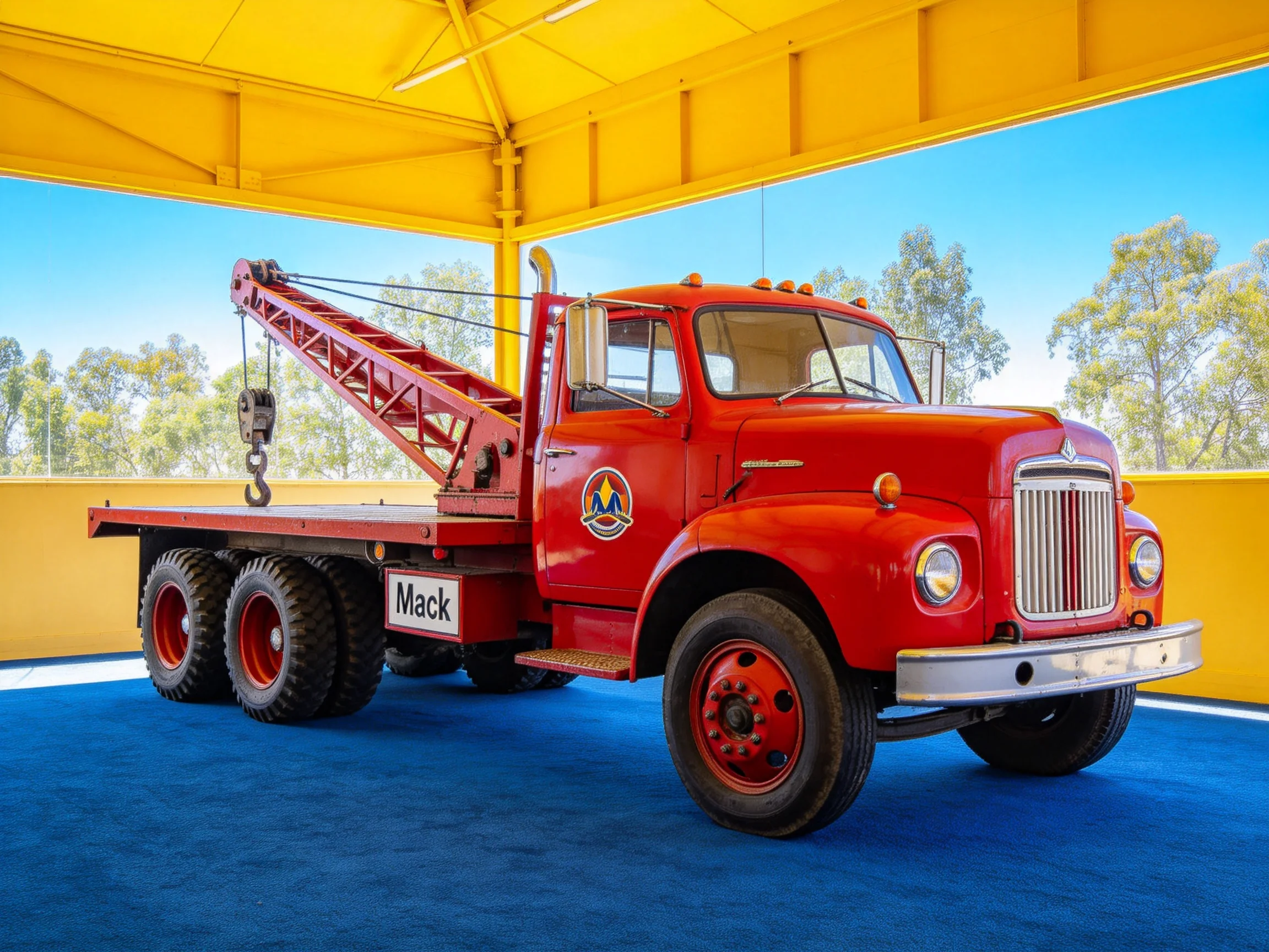 A vintage red Mack tow truck in a bright yellow shelter