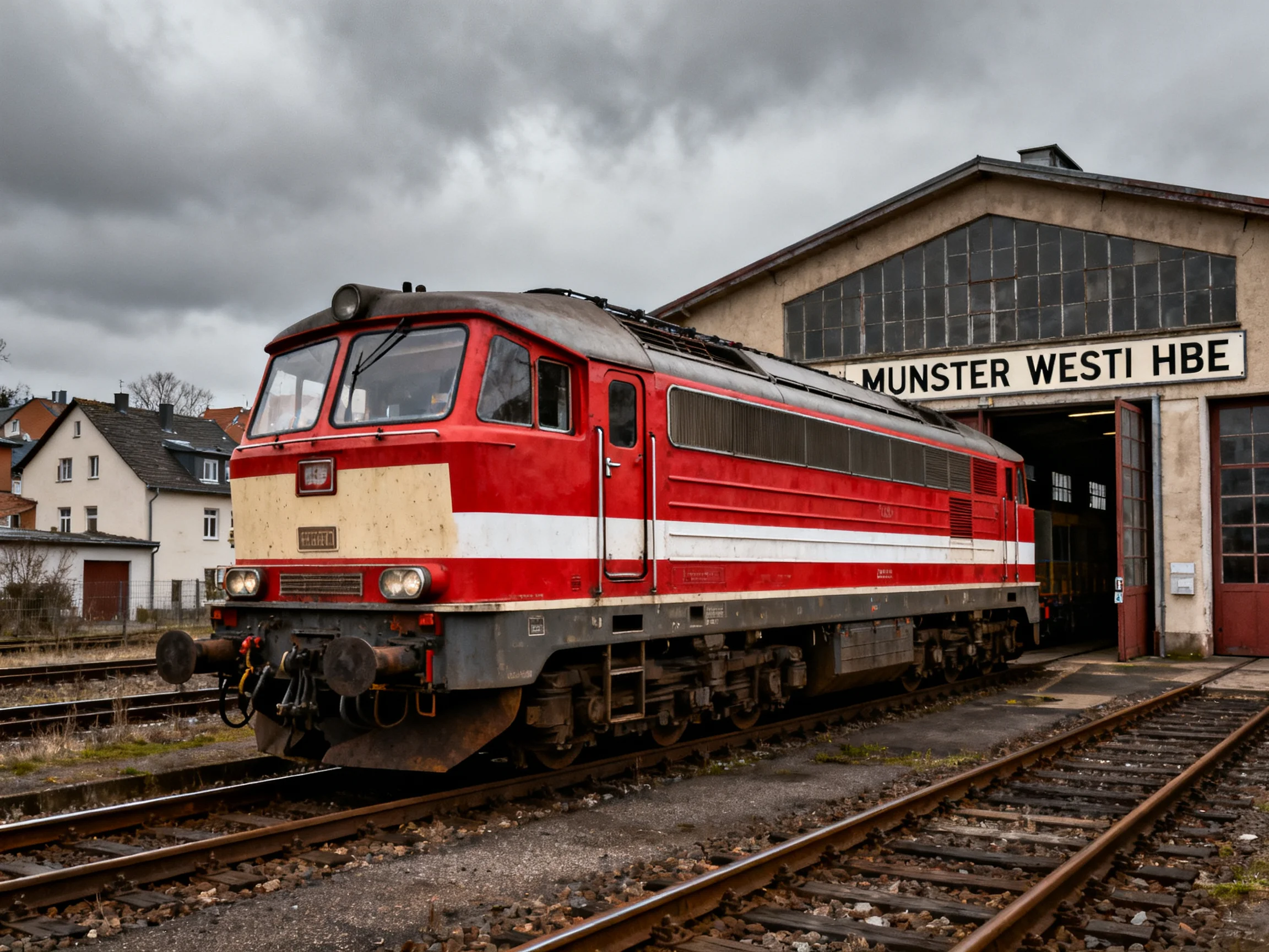 A vintage red and white locomotive exits Munster Westi HBE station